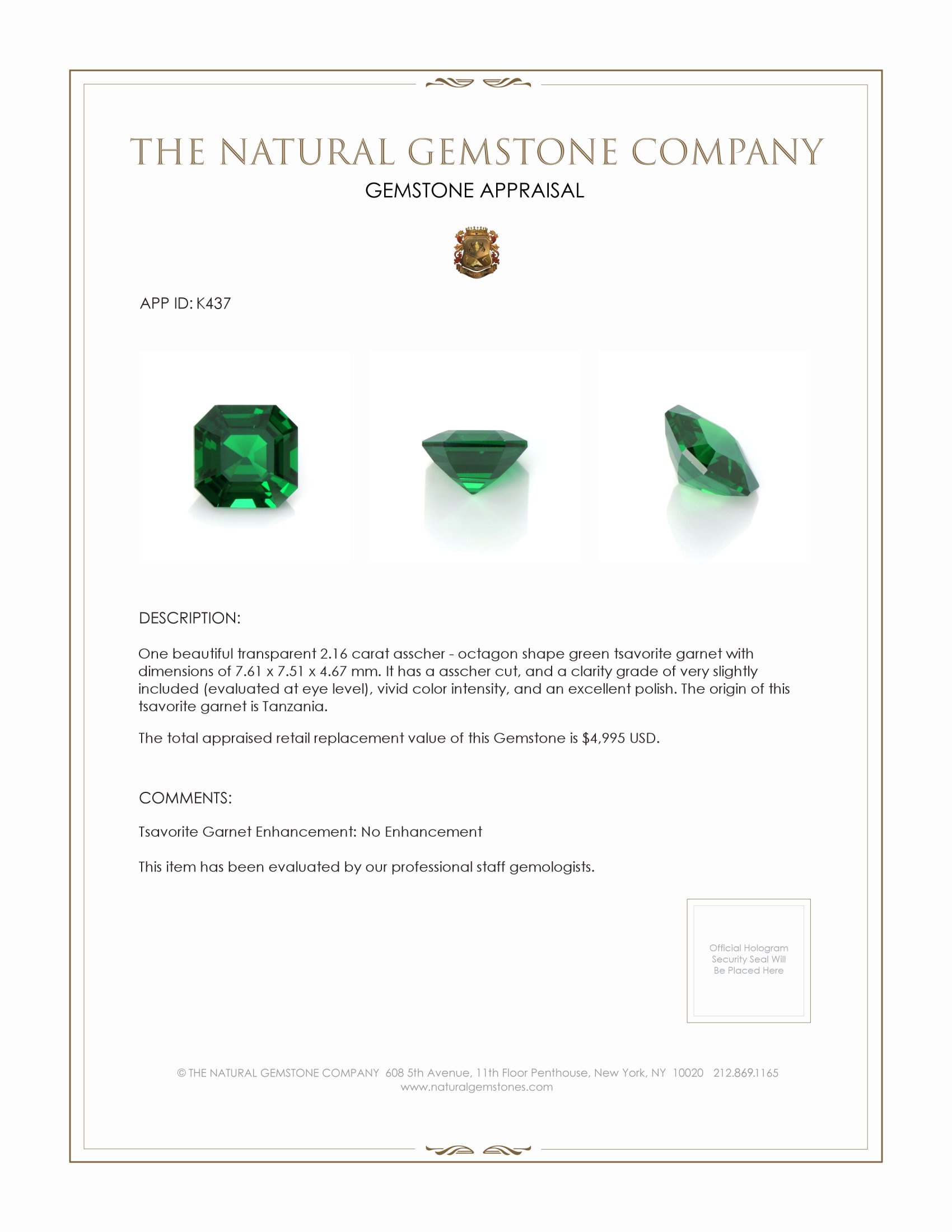 2.16 Ct. Tsavorite Garnet from Tanzania