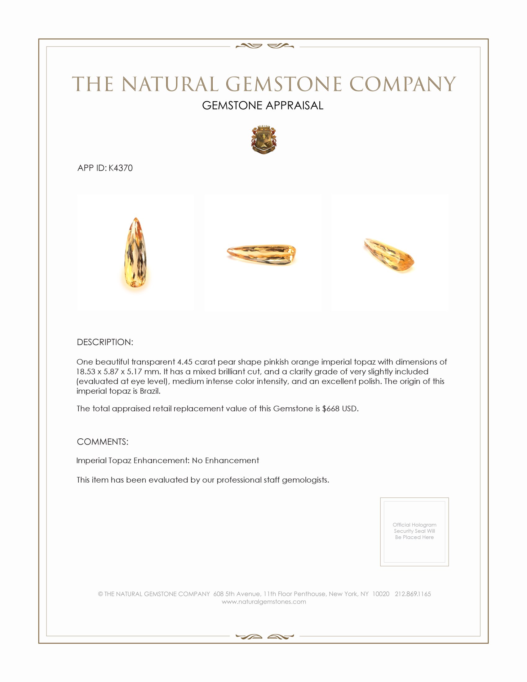 4.45 Ct. Imperial Topaz from Brazil