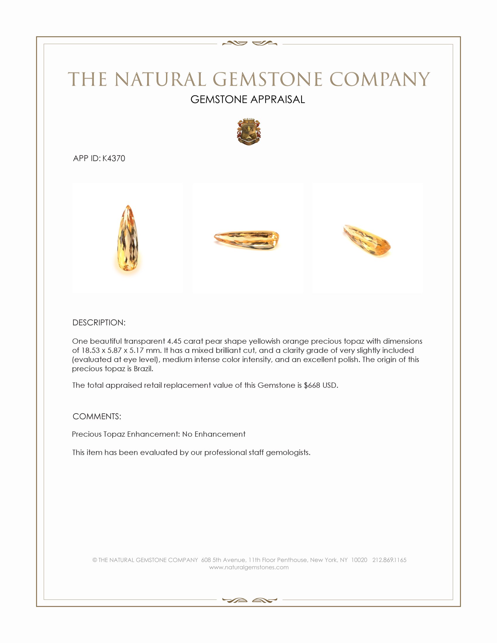 4.45 Ct. Precious Topaz from Brazil