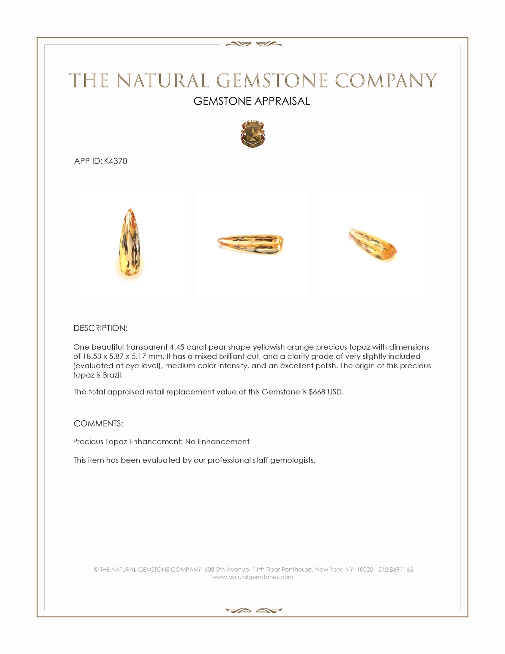 4.45 Ct. Precious Topaz from Brazil