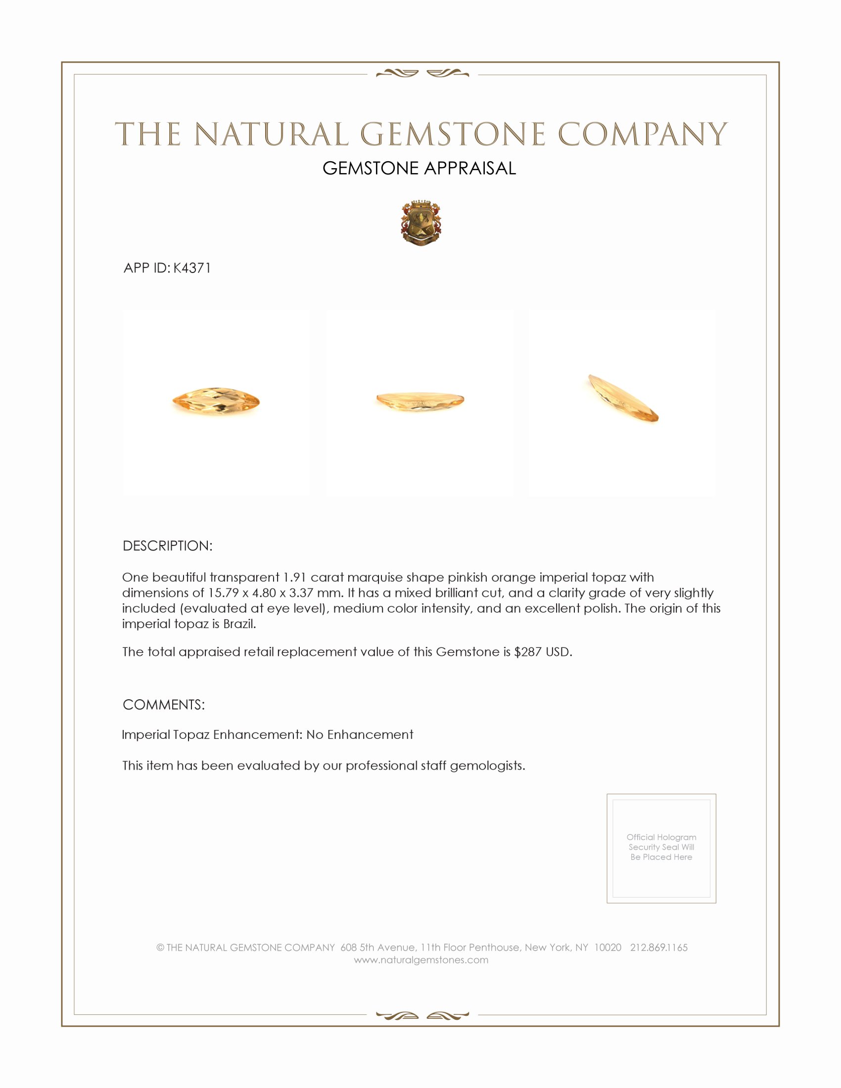 1.91 Ct. Yellowish Orange Precious Topaz from Brazil