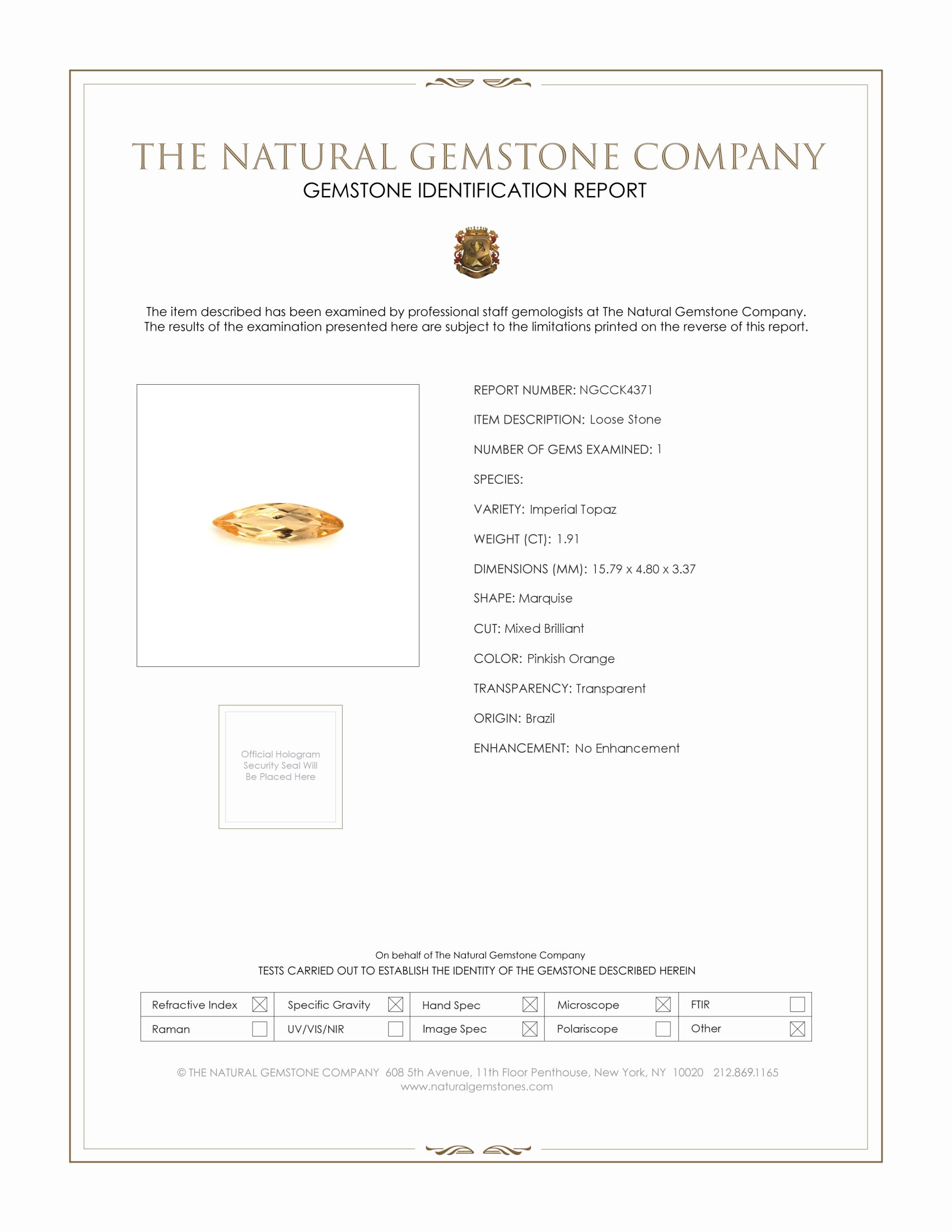 1.91 Ct. Yellowish Orange Precious Topaz from Brazil