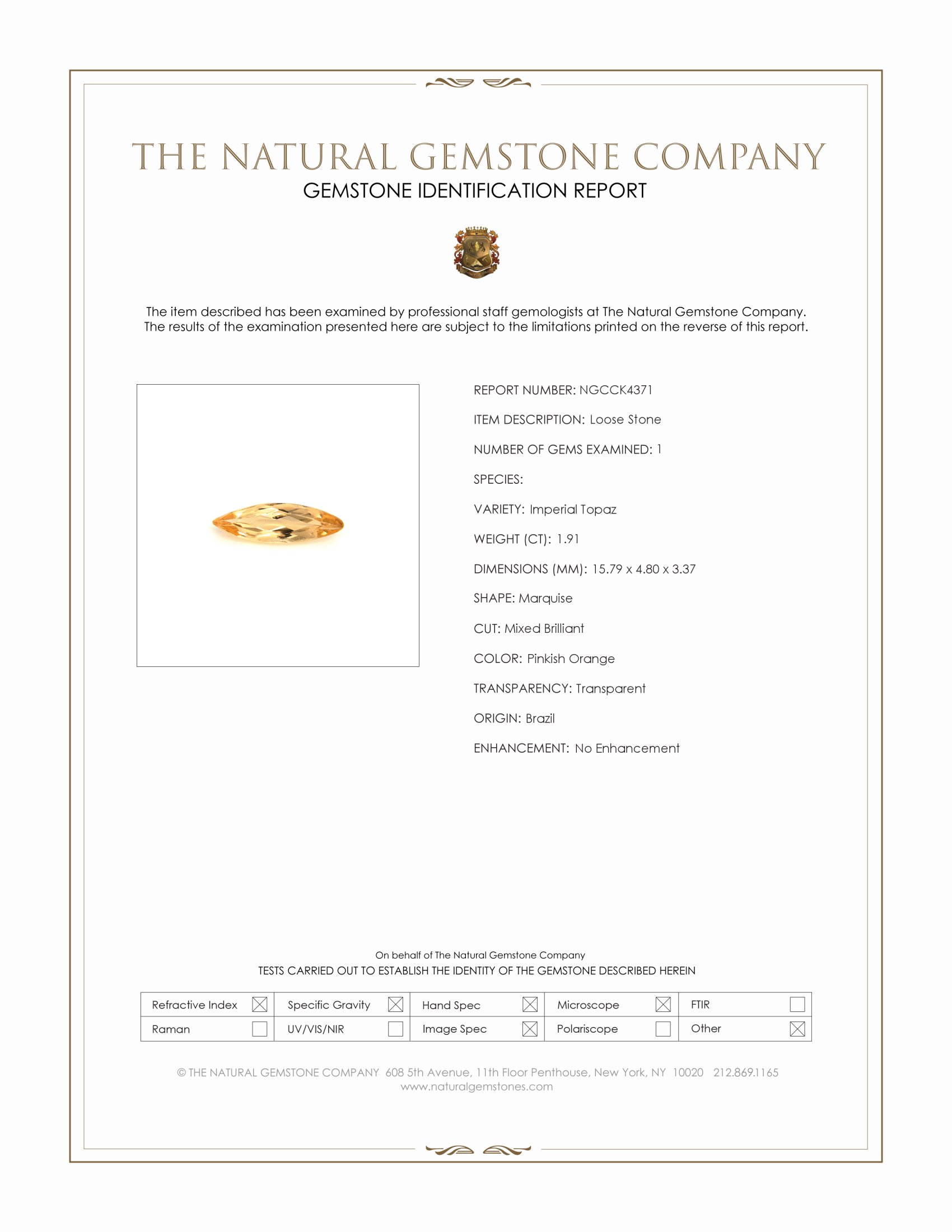 1.91 Ct. Imperial Topaz from Brazil