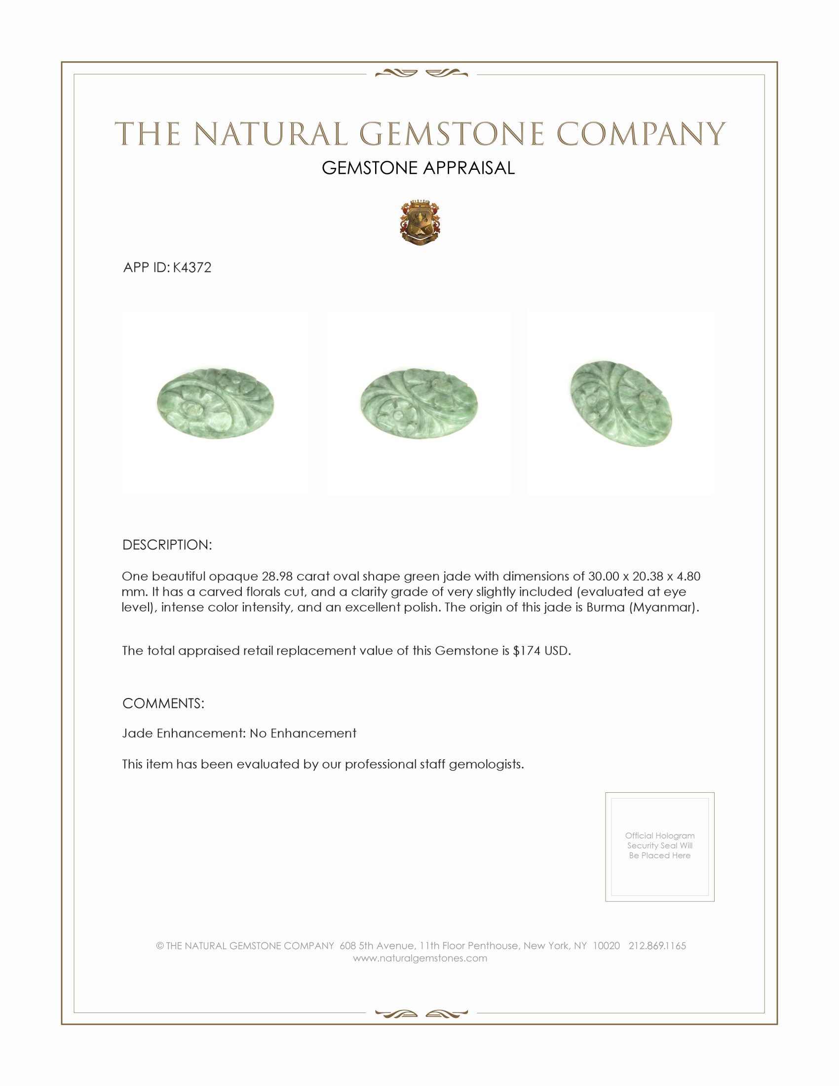 28.98 Ct. Jade from Burma (Myanmar)
