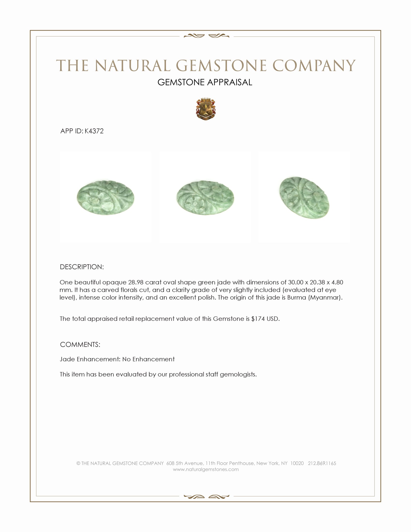 28.98 Ct. Green Jade from Burma (Myanmar)