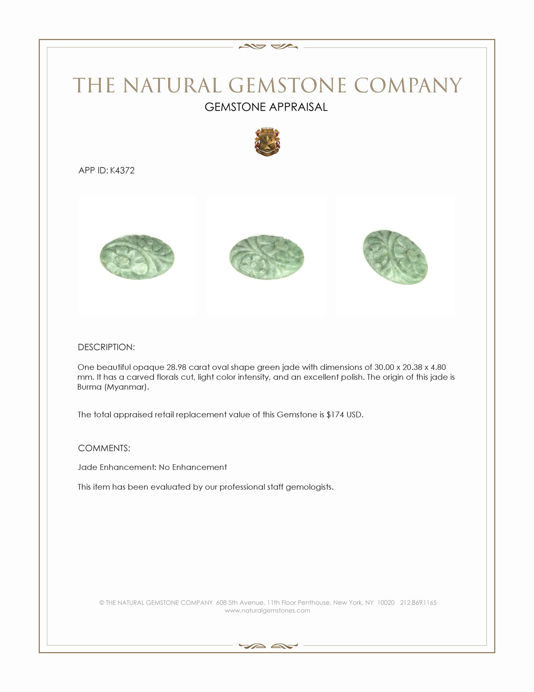 28.98 Ct. Green Jade from Burma (Myanmar)