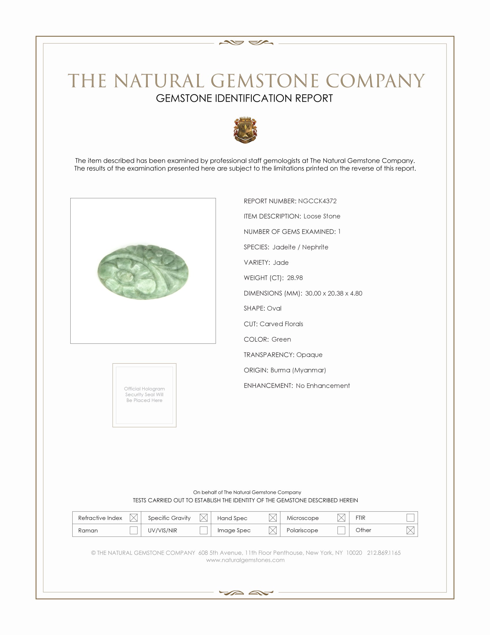 28.98 Ct. Green Jade from Burma (Myanmar)