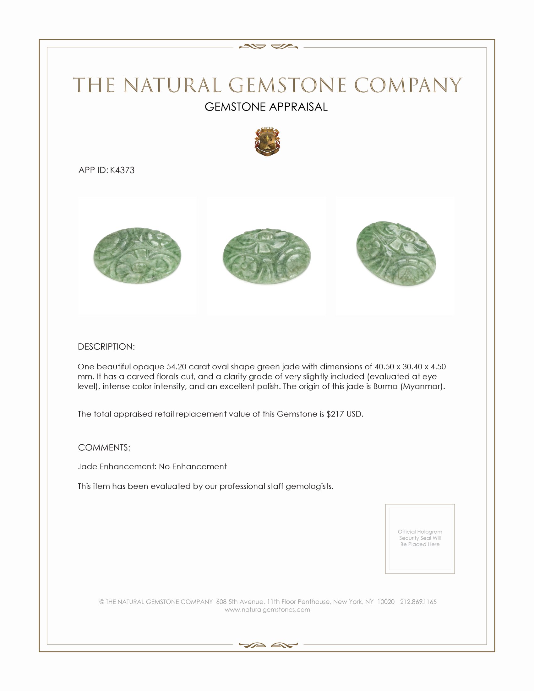 54.20 Ct. Jade from Burma (Myanmar)