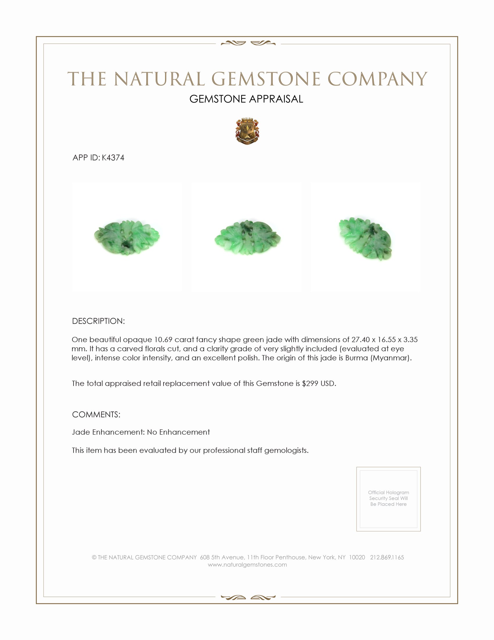 10.69 Ct. Jade from Burma (Myanmar)