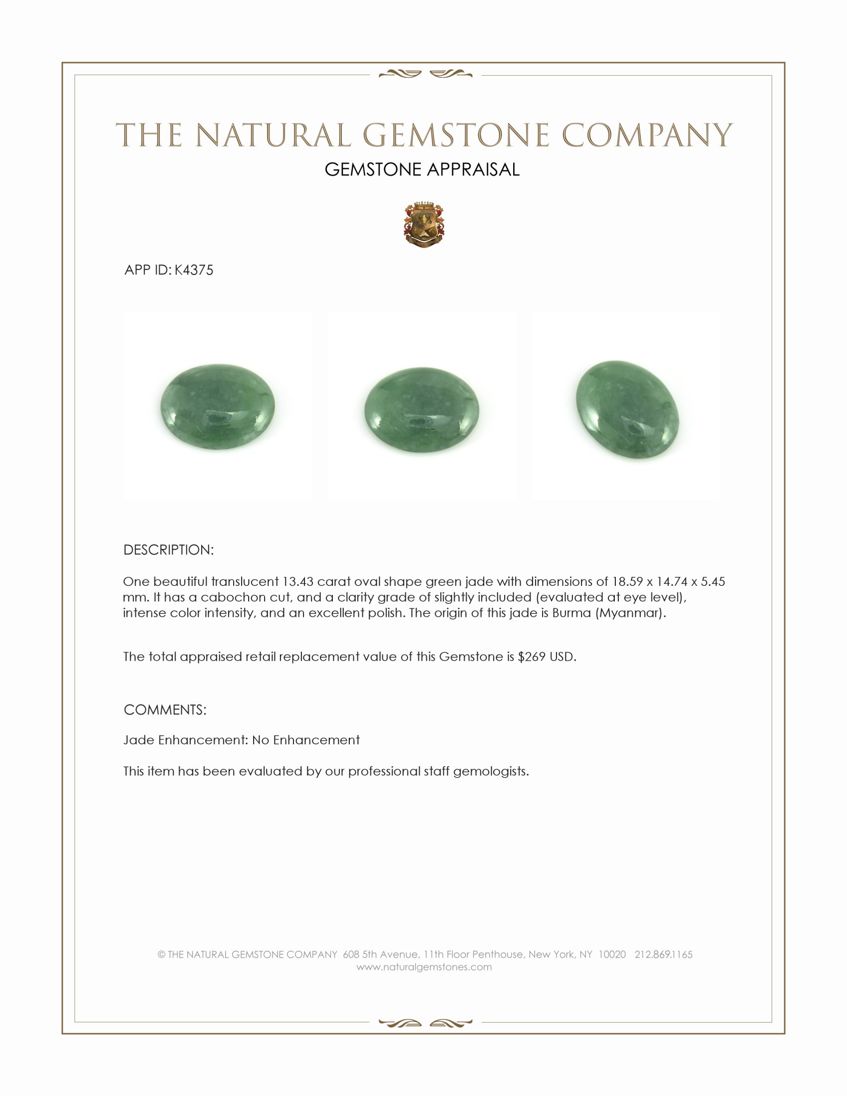 13.43 Ct. Green Cabochon Jade from Burma (Myanmar)
