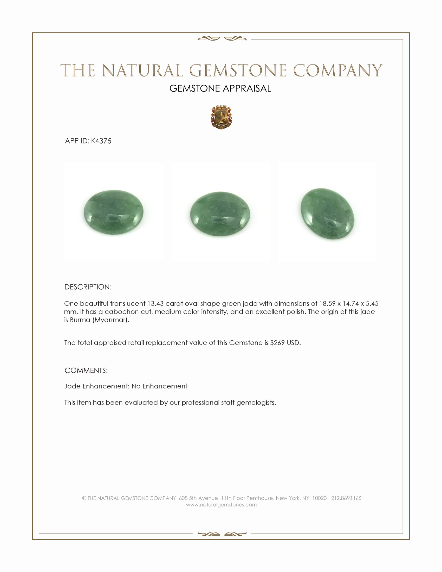 13.43 Ct. Green Cabochon Jade from Burma (Myanmar)
