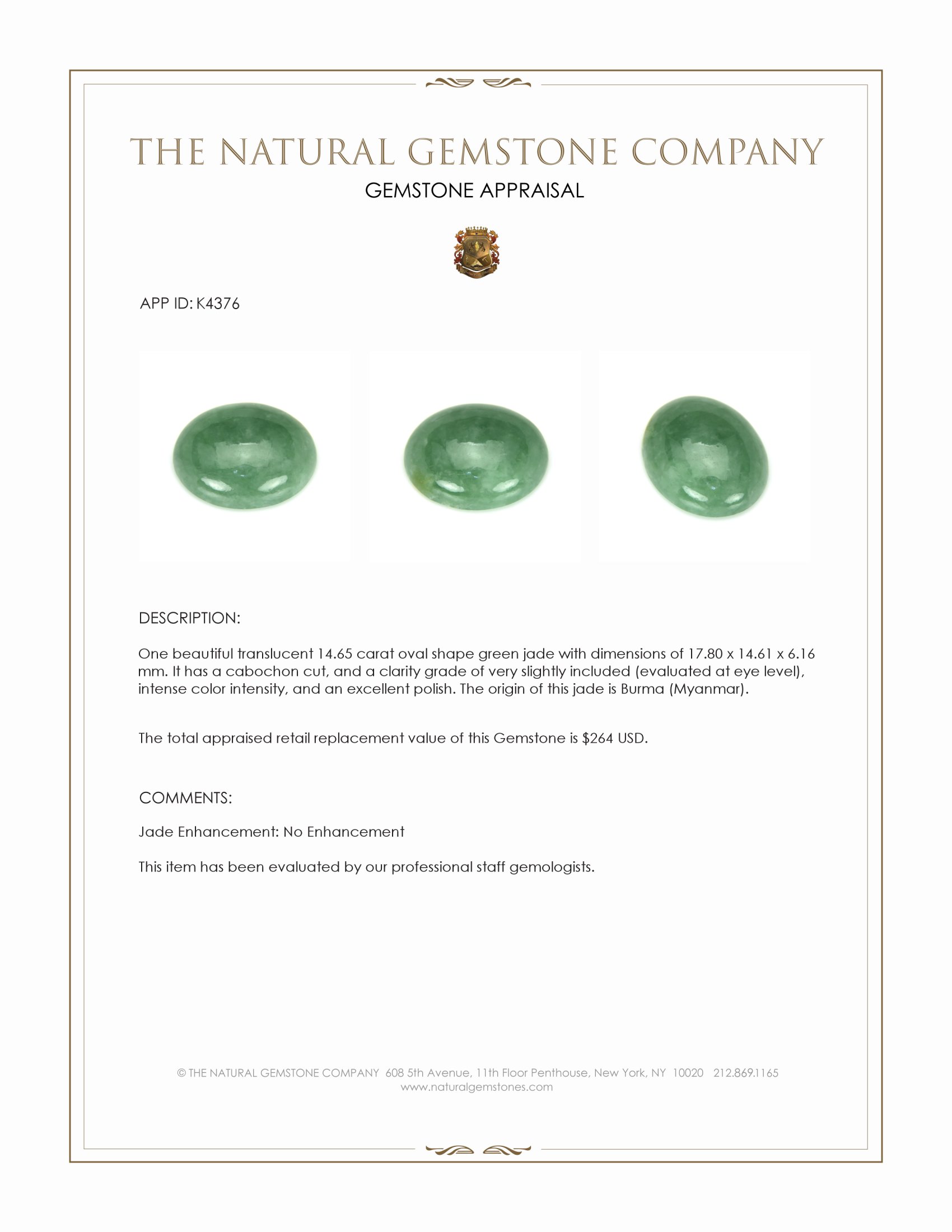 14.65 Ct. Green Cabochon Jade from Burma (Myanmar)