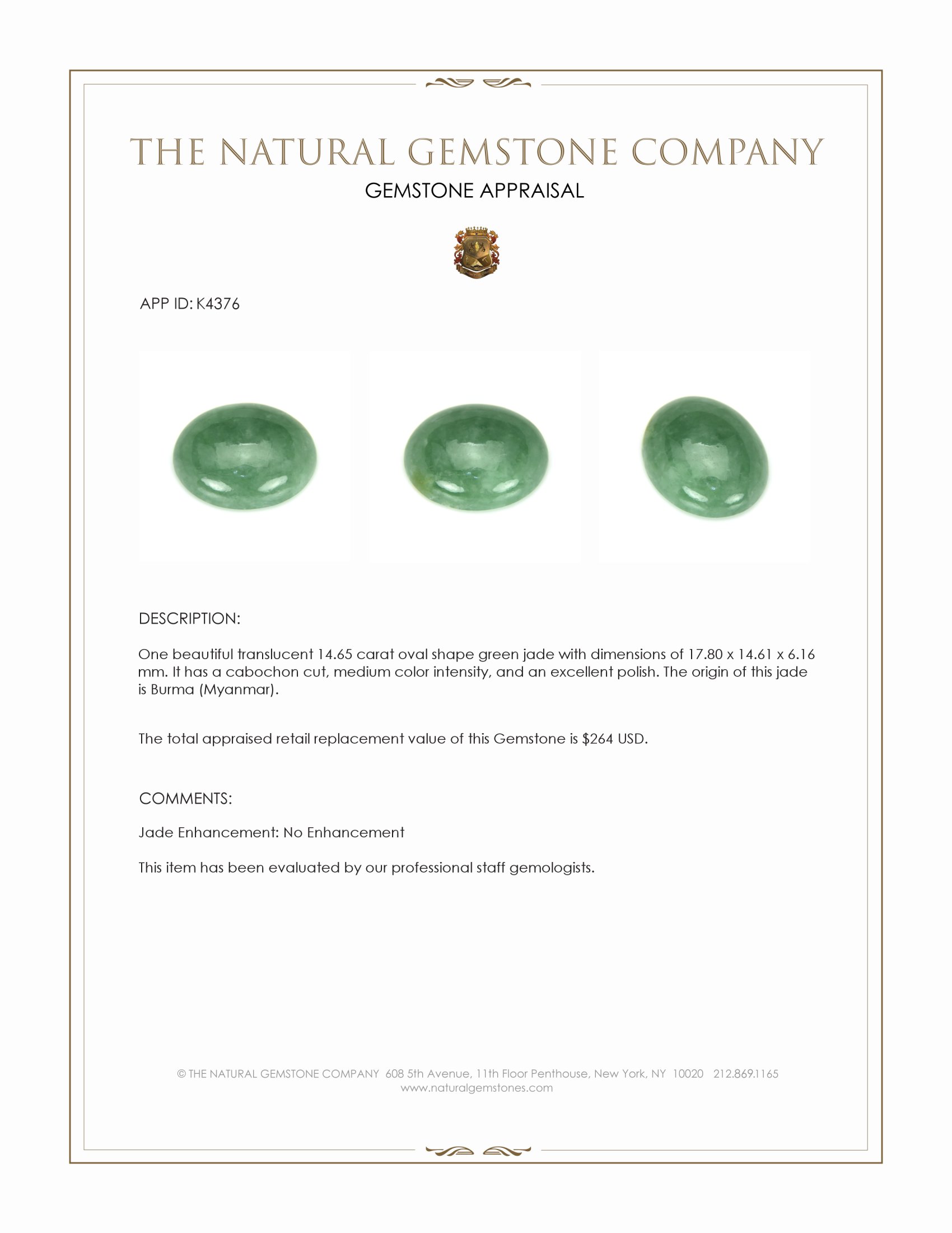 14.65 Ct. Green Cabochon Jade from Burma (Myanmar)