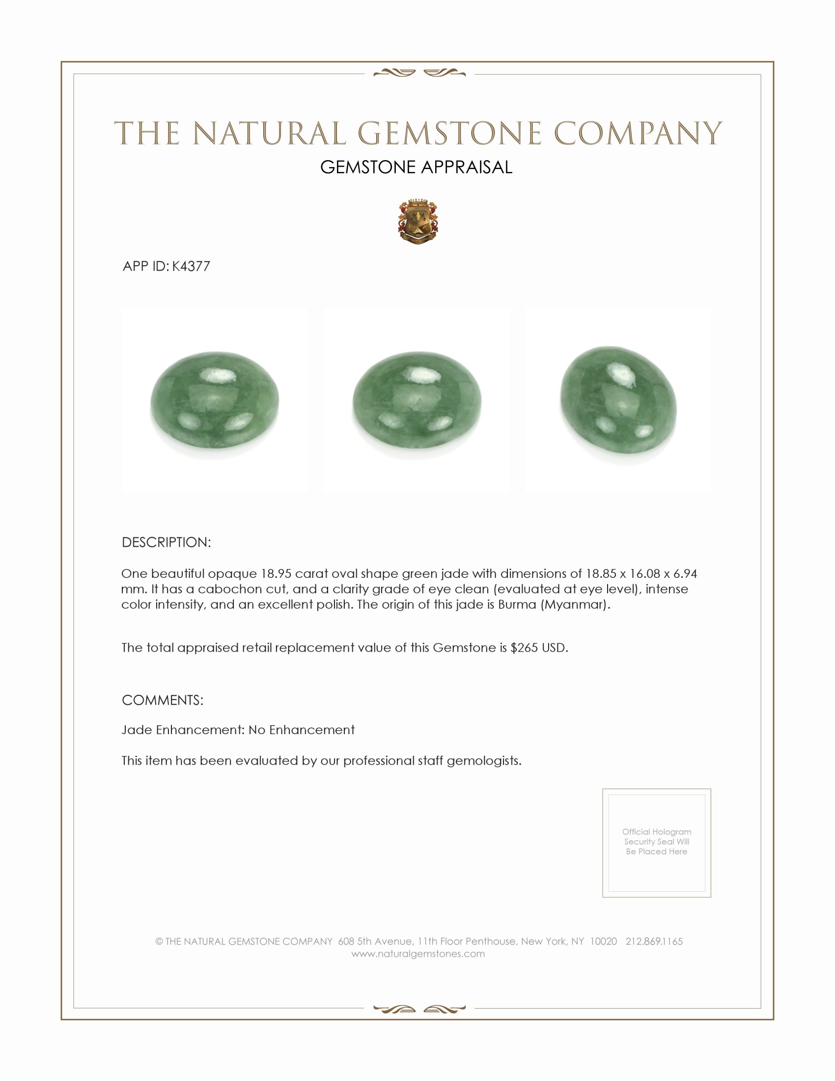 18.95 Ct. Green Cabochon Jade from Burma (Myanmar)