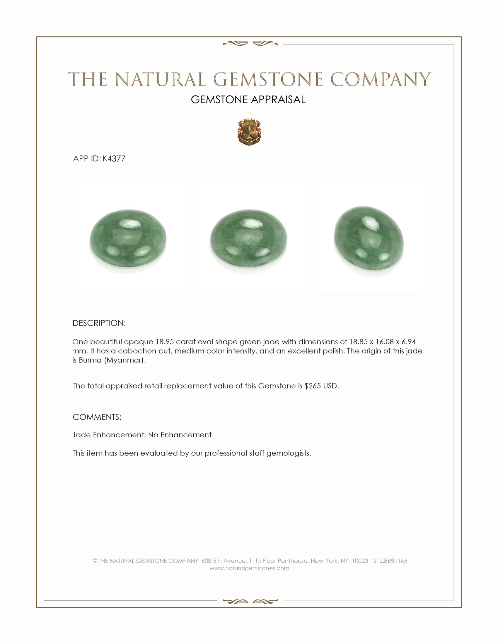 18.95 Ct. Green Cabochon Jade from Burma (Myanmar)