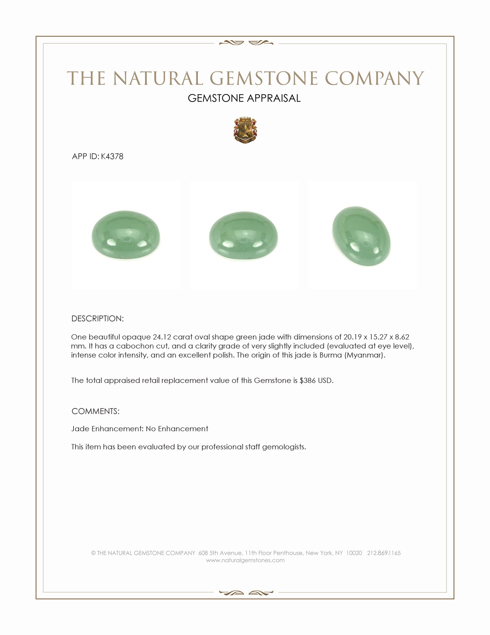 24.12 Ct. Cabochon Jade from Burma (Myanmar)