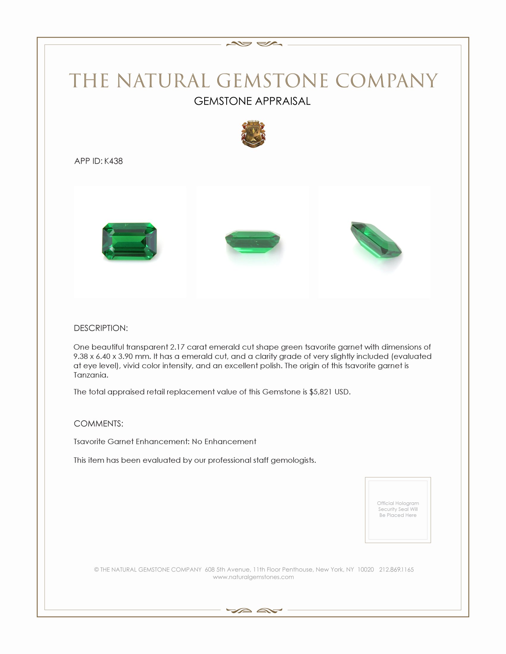 2.17 Ct. Tsavorite Garnet from Tanzania