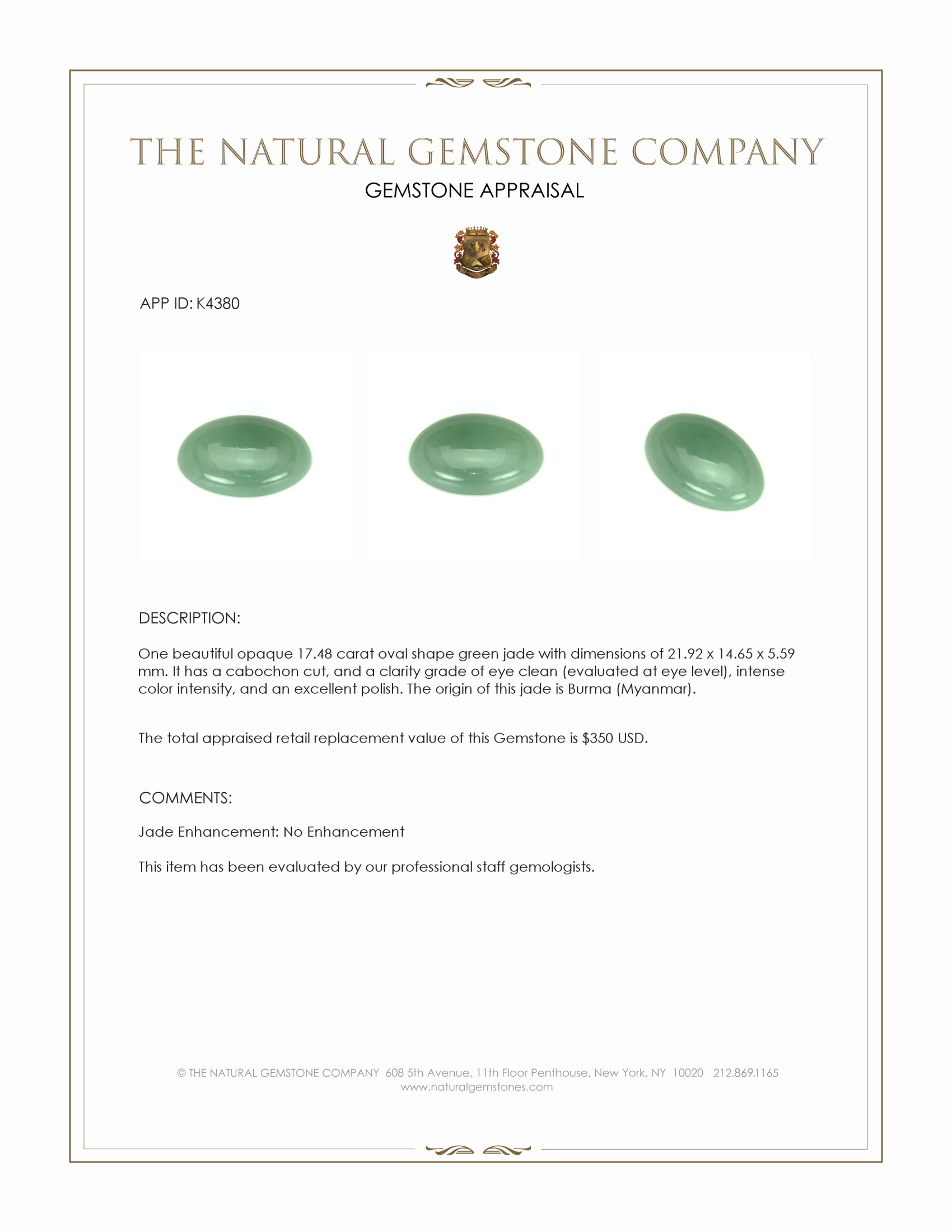 17.48 Ct. Cabochon Jade from Burma (Myanmar)