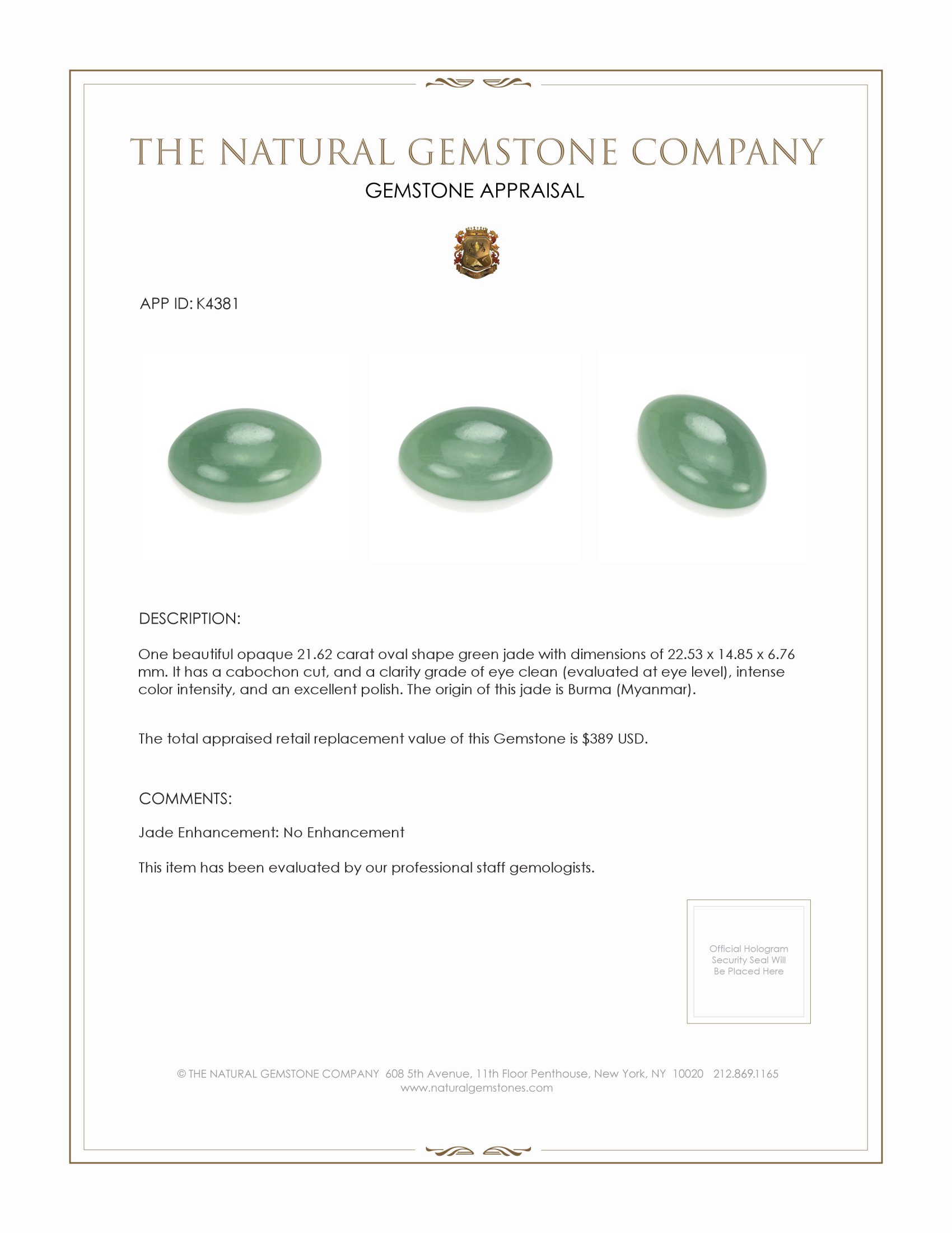 21.62 Ct. Green Cabochon Jade from Burma (Myanmar)