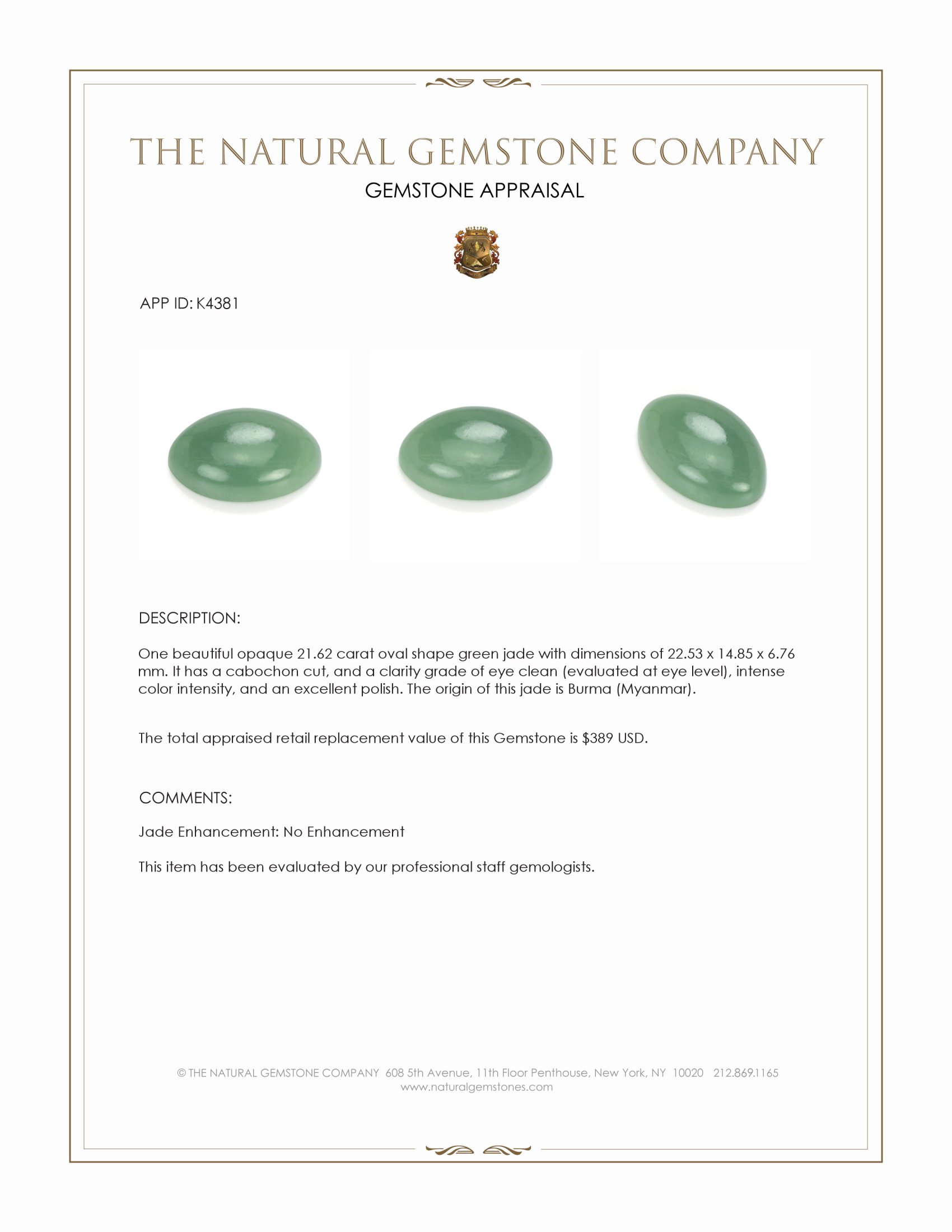 21.62 Ct. Cabochon Jade from Burma (Myanmar)