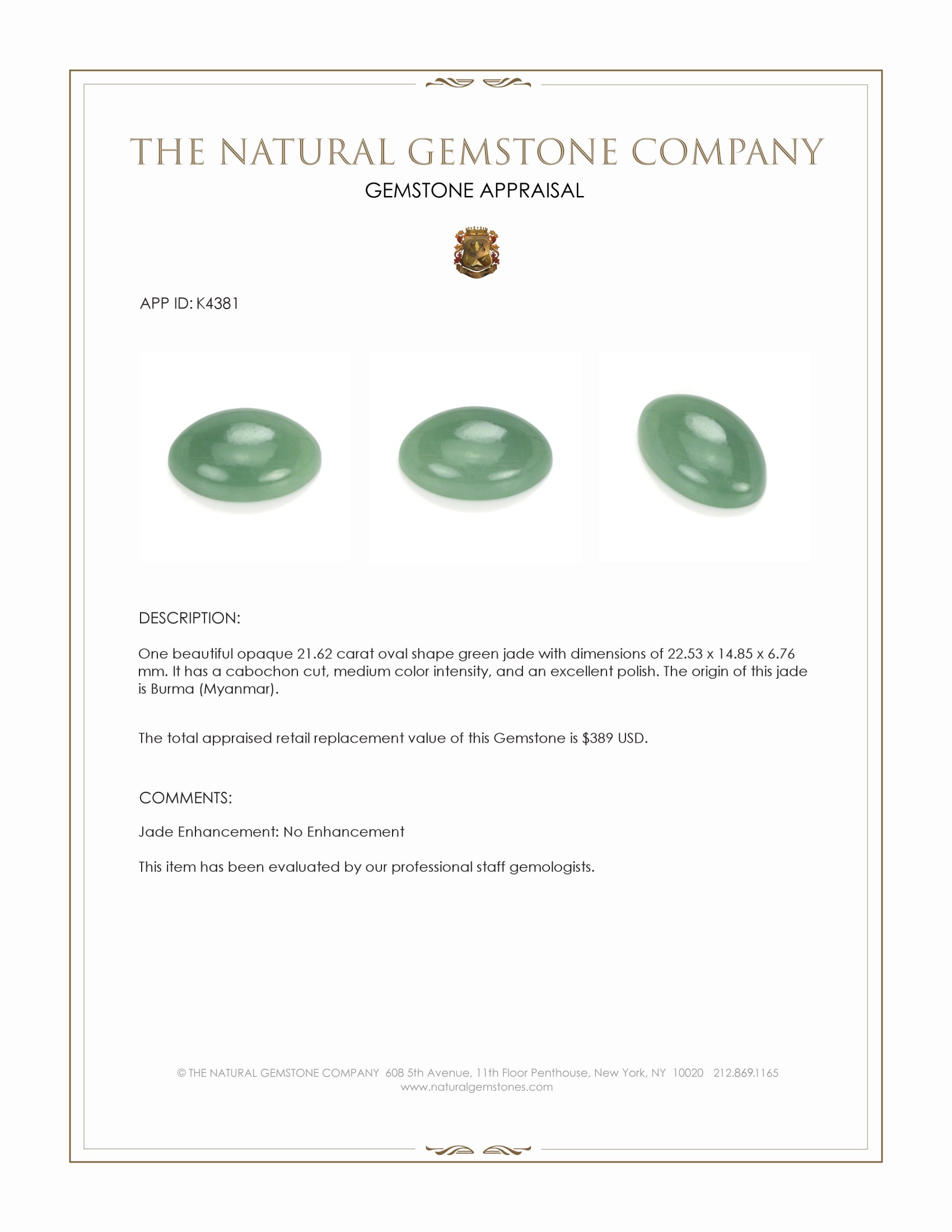21.62 Ct. Green Cabochon Jade from Burma (Myanmar)