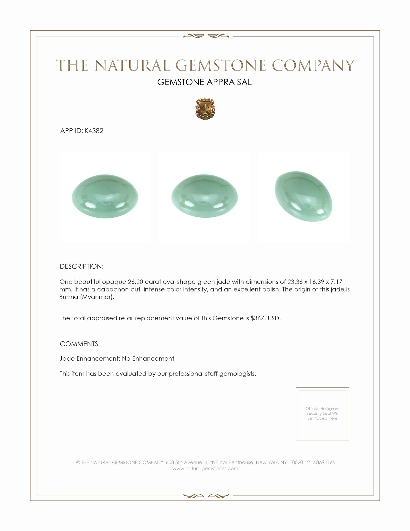 26.20 Ct. Cabochon Jade from Burma (Myanmar)