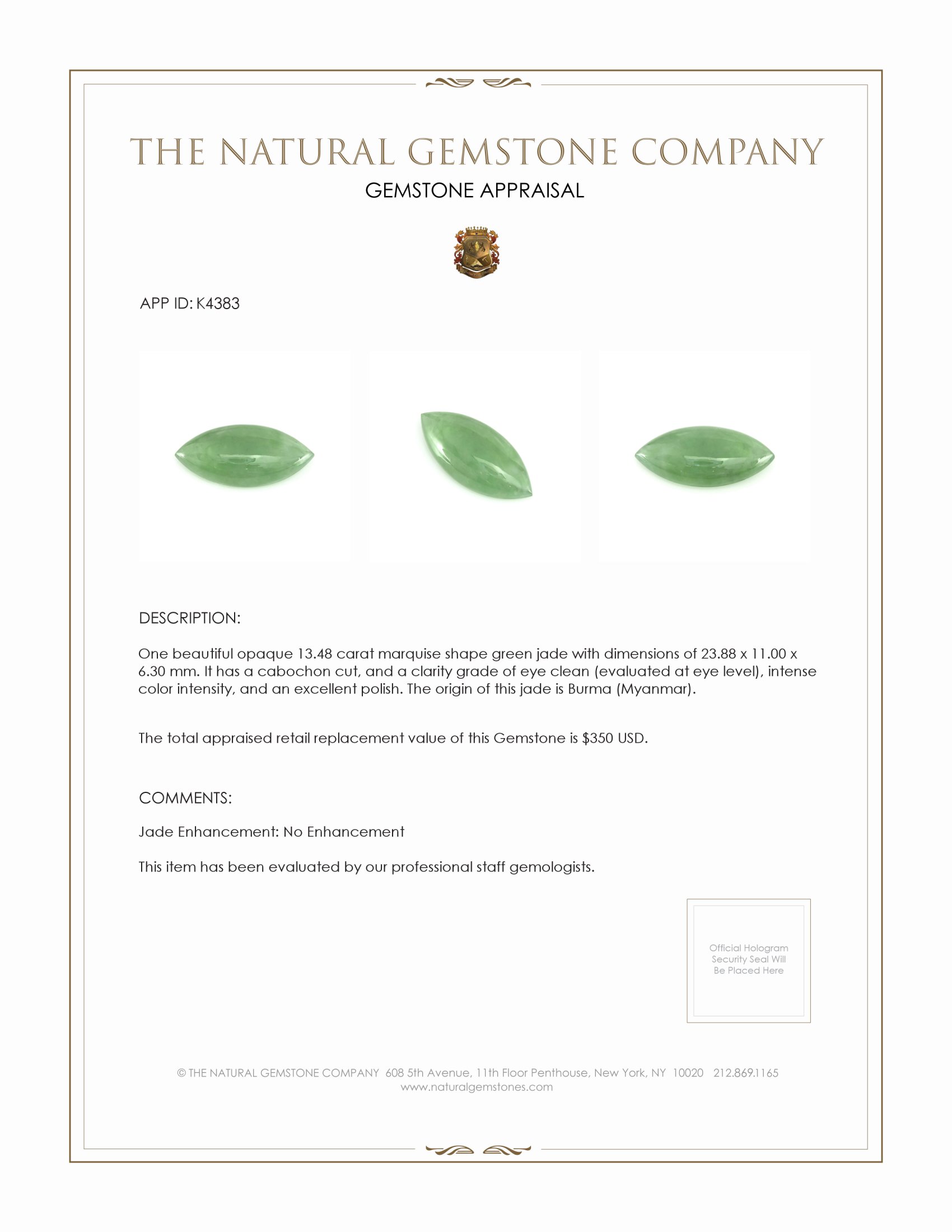 13.48 Ct. Cabochon Jade from Burma (Myanmar)