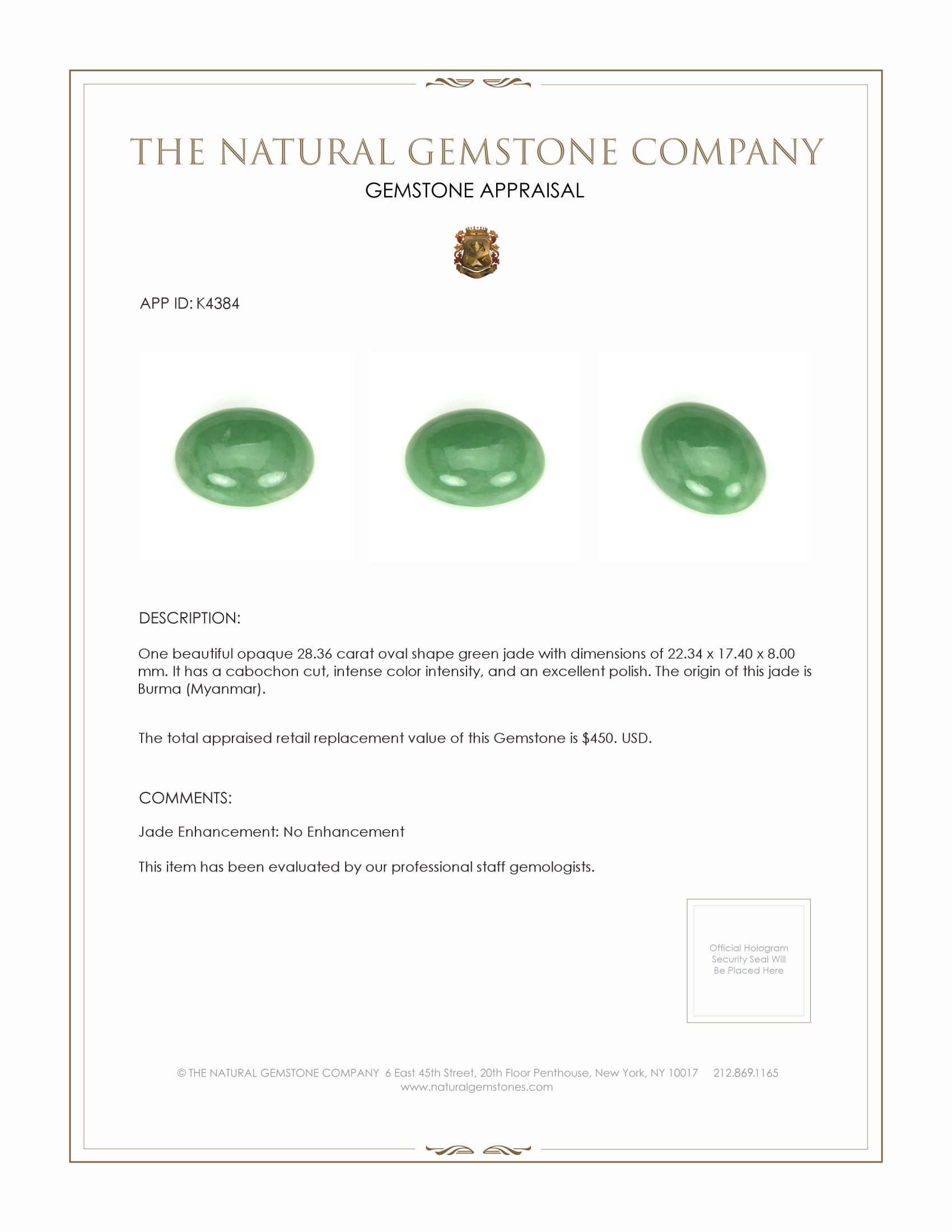 28.36 Ct. Cabochon Jade from Burma (Myanmar)