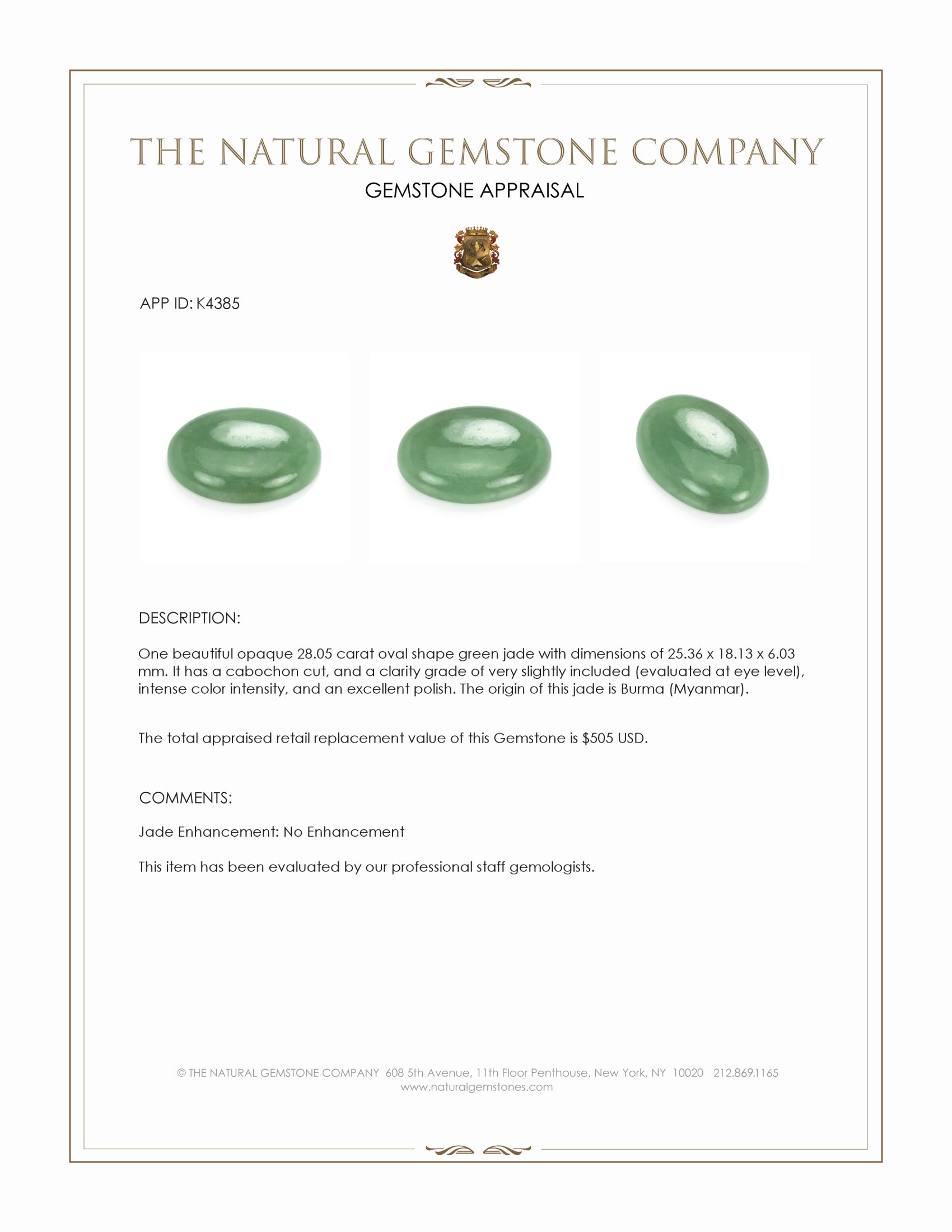 28.05 Ct. Green Cabochon Jade from Burma (Myanmar)