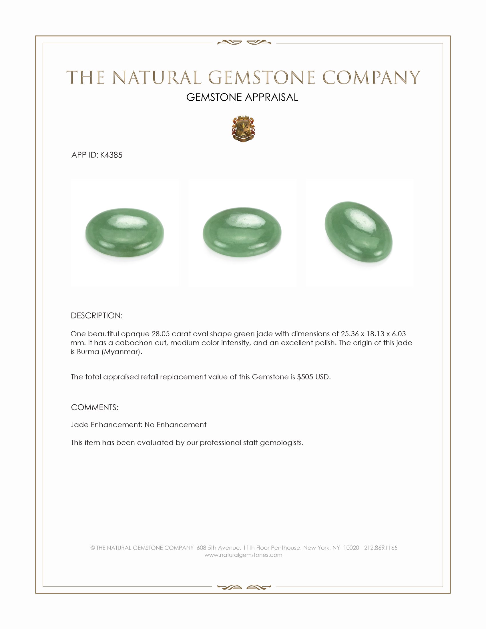 28.05 Ct. Green Cabochon Jade from Burma (Myanmar)