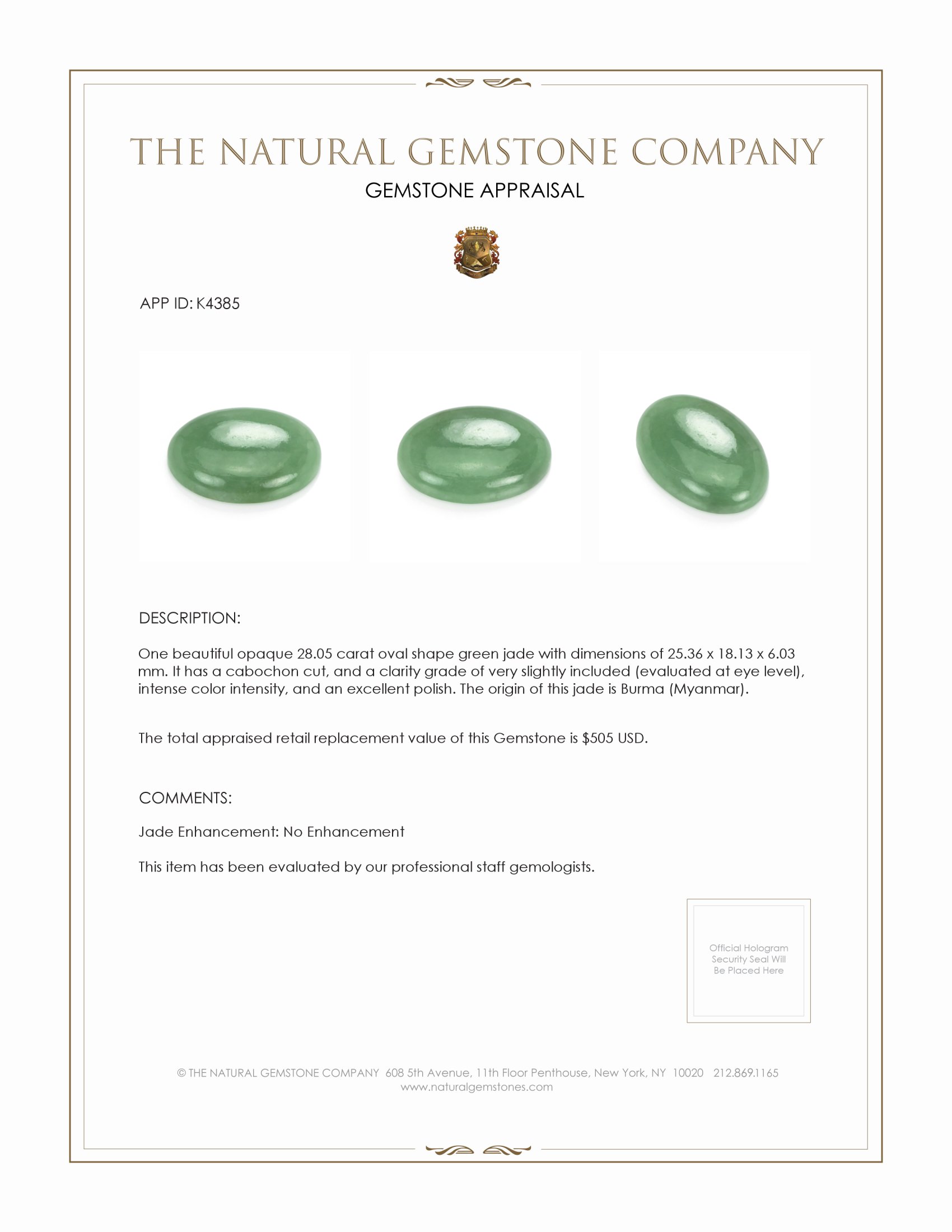 28.05 Ct. Cabochon Jade from Burma (Myanmar)