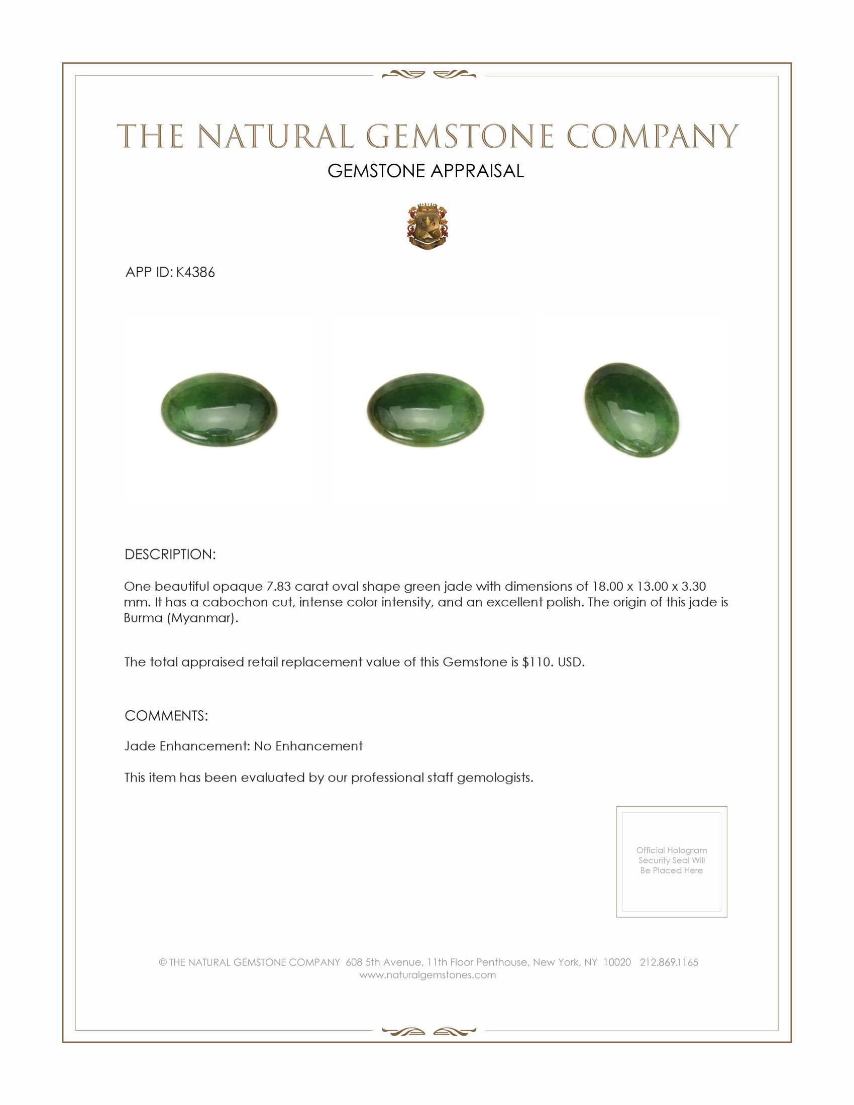 7.83 Ct. Cabochon Jade from Burma (Myanmar)