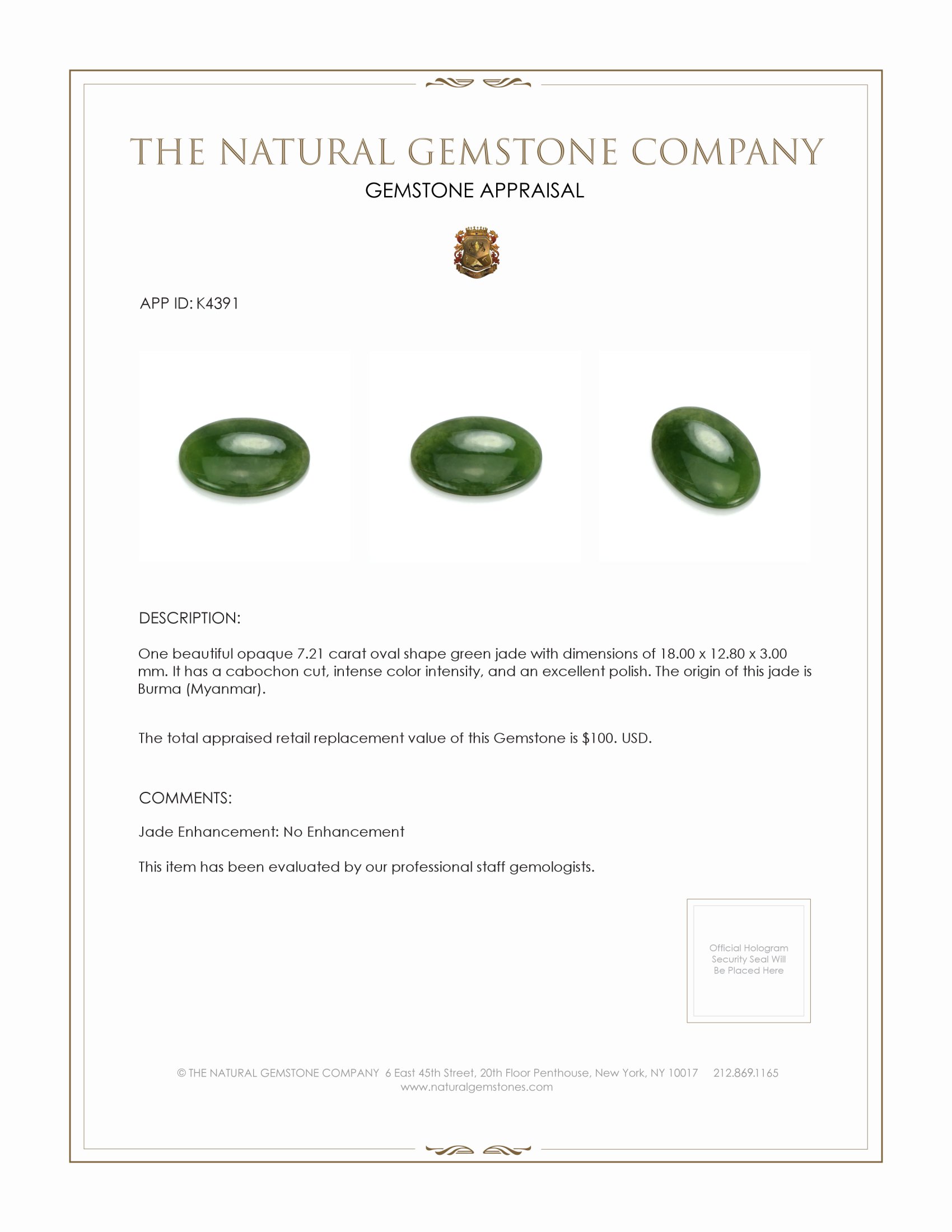 7.21 Ct. Cabochon Jade from Burma (Myanmar)