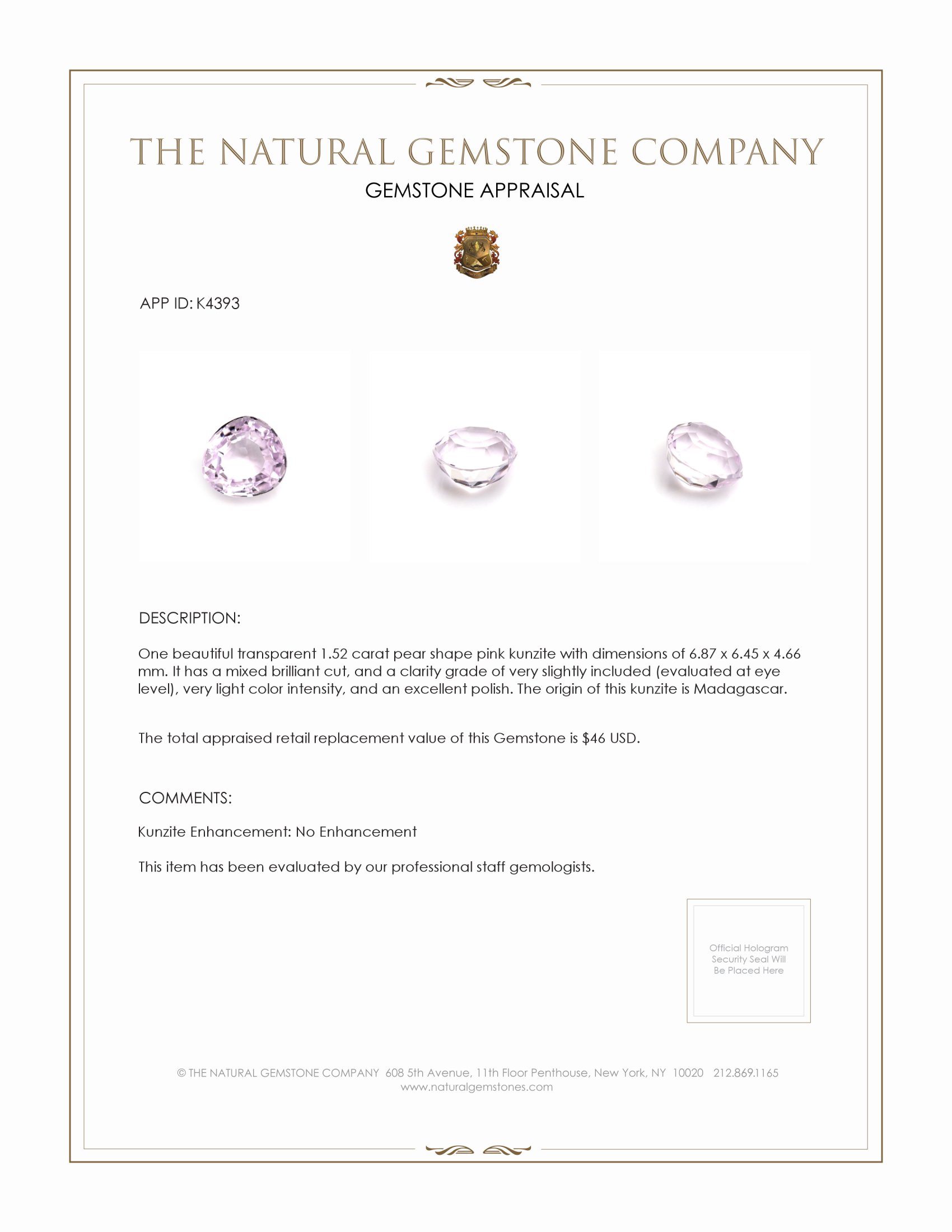 1.52 Ct. Kunzite from Madagascar