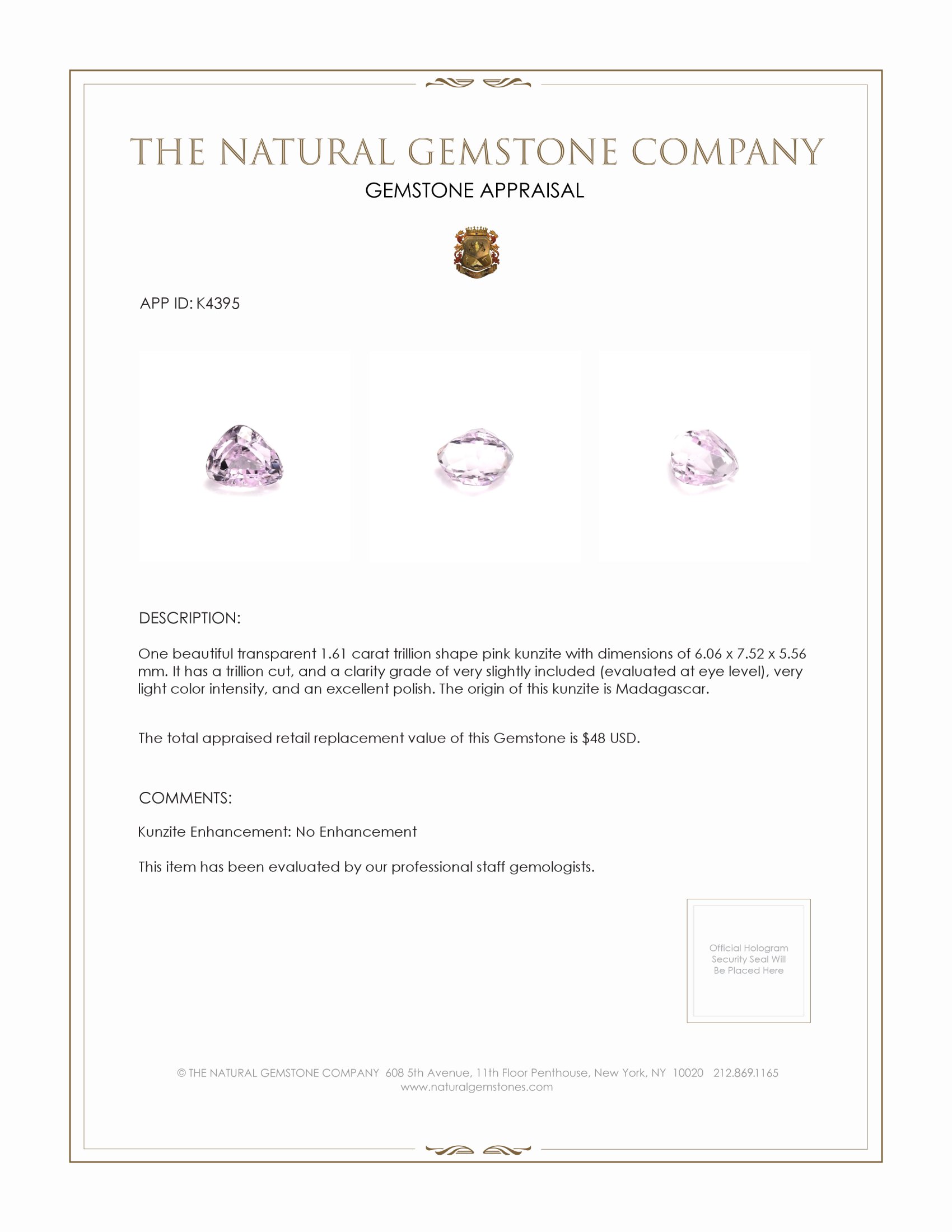 1.61 Ct. Kunzite from Madagascar