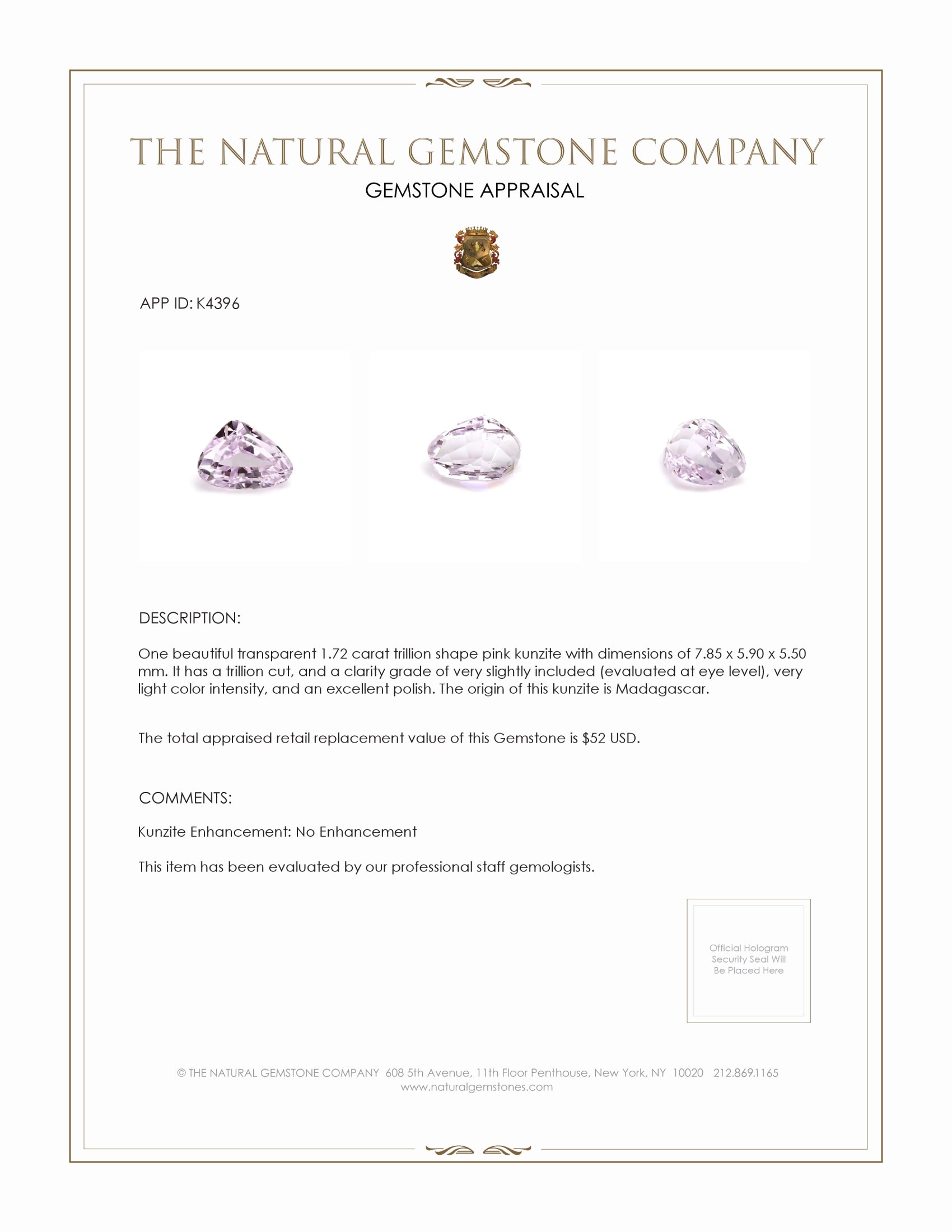 1.72 Ct. Kunzite from Madagascar