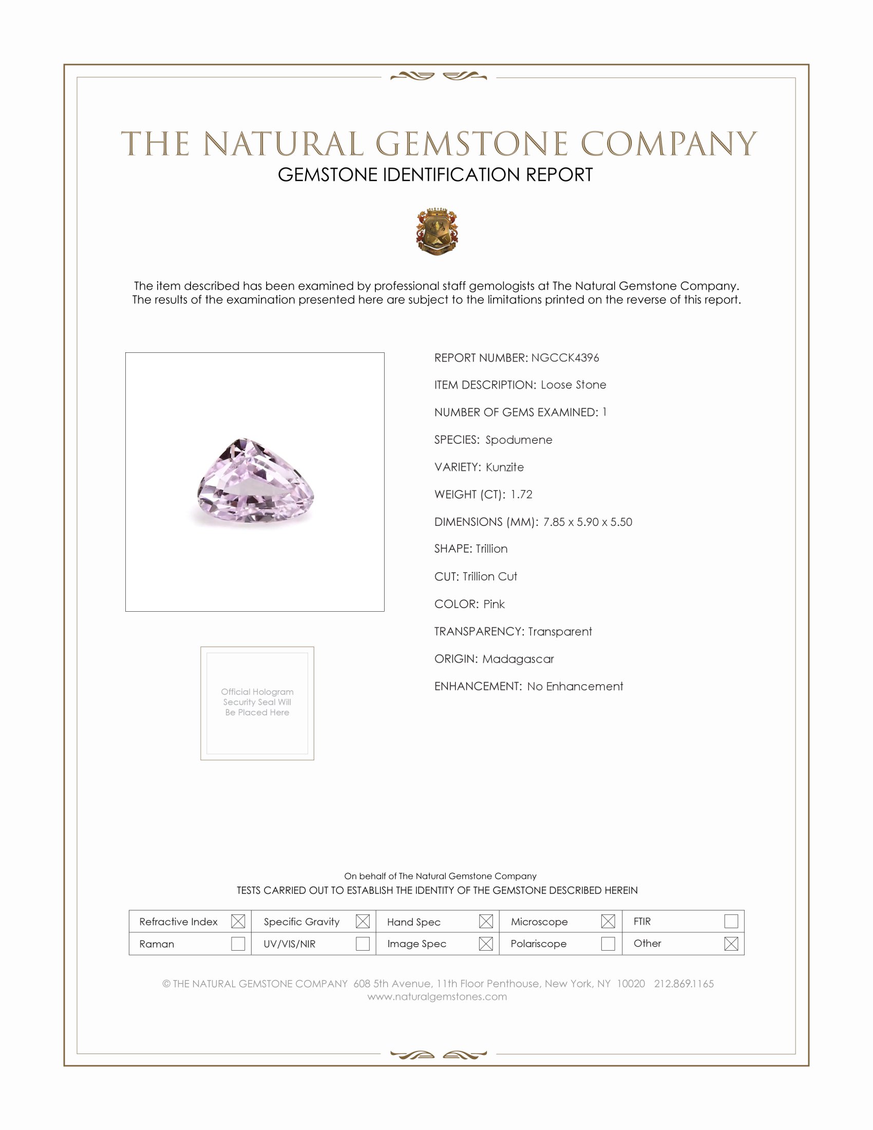 1.72 Ct. Purplish Pink Kunzite from Madagascar