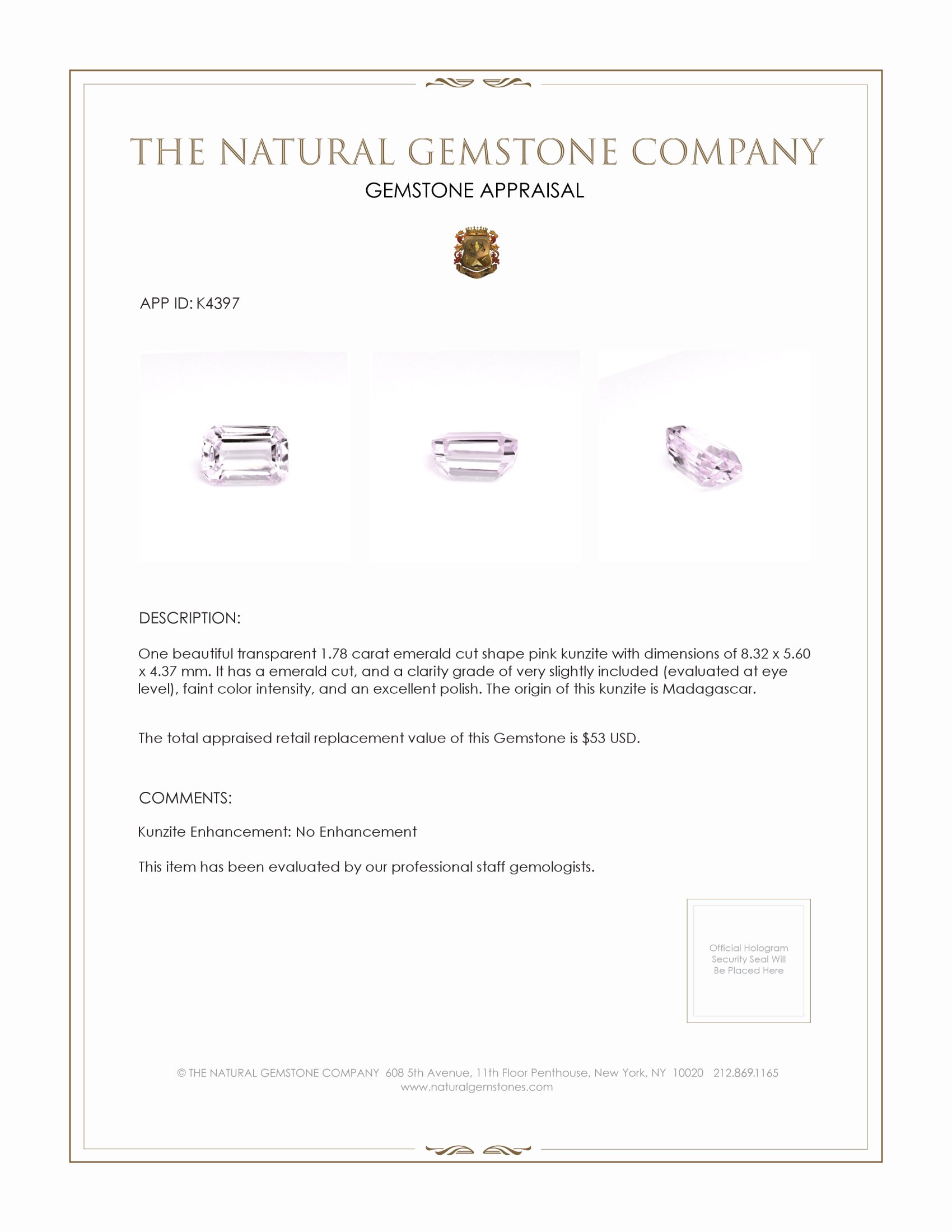 1.78 Ct. Kunzite from Madagascar