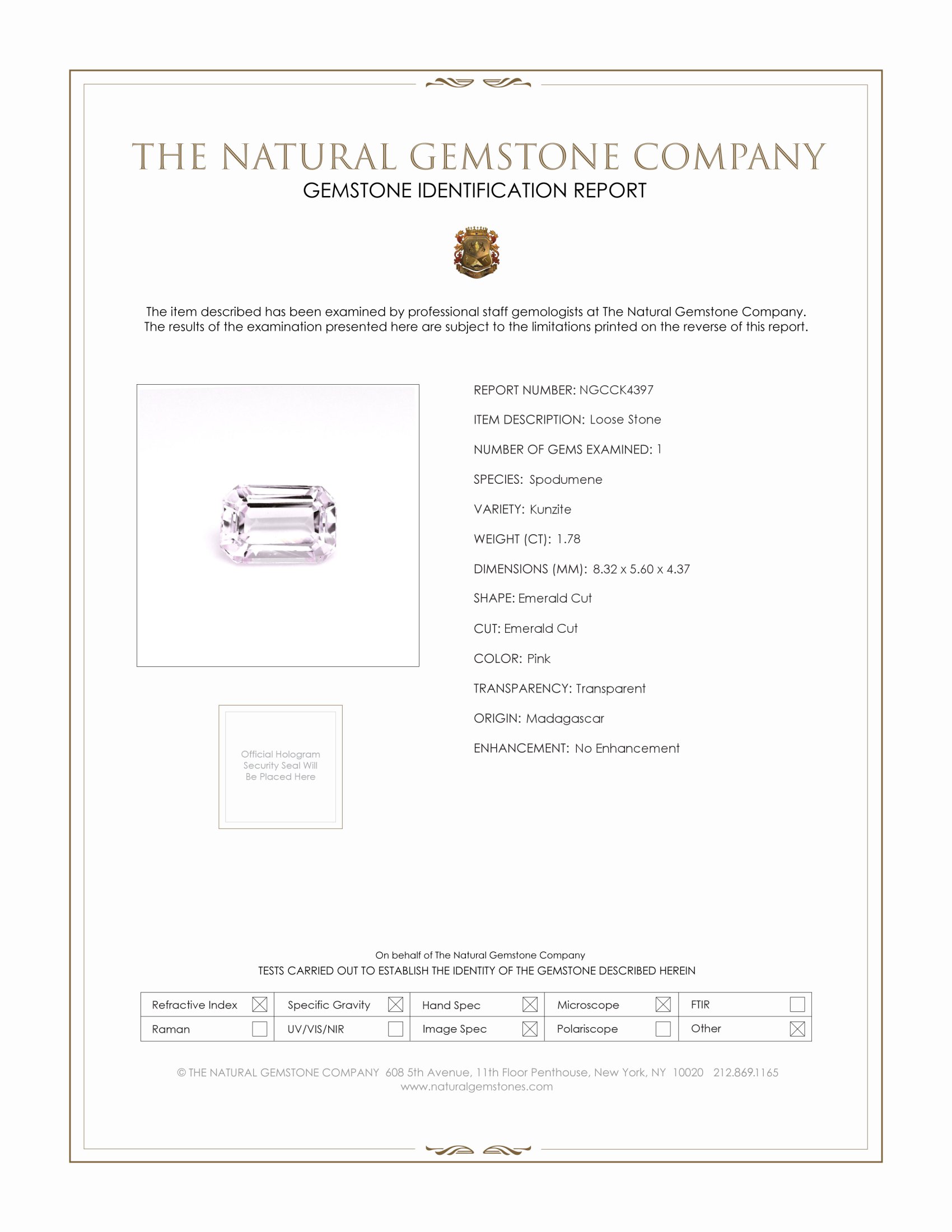 1.78 Ct. Kunzite from Madagascar