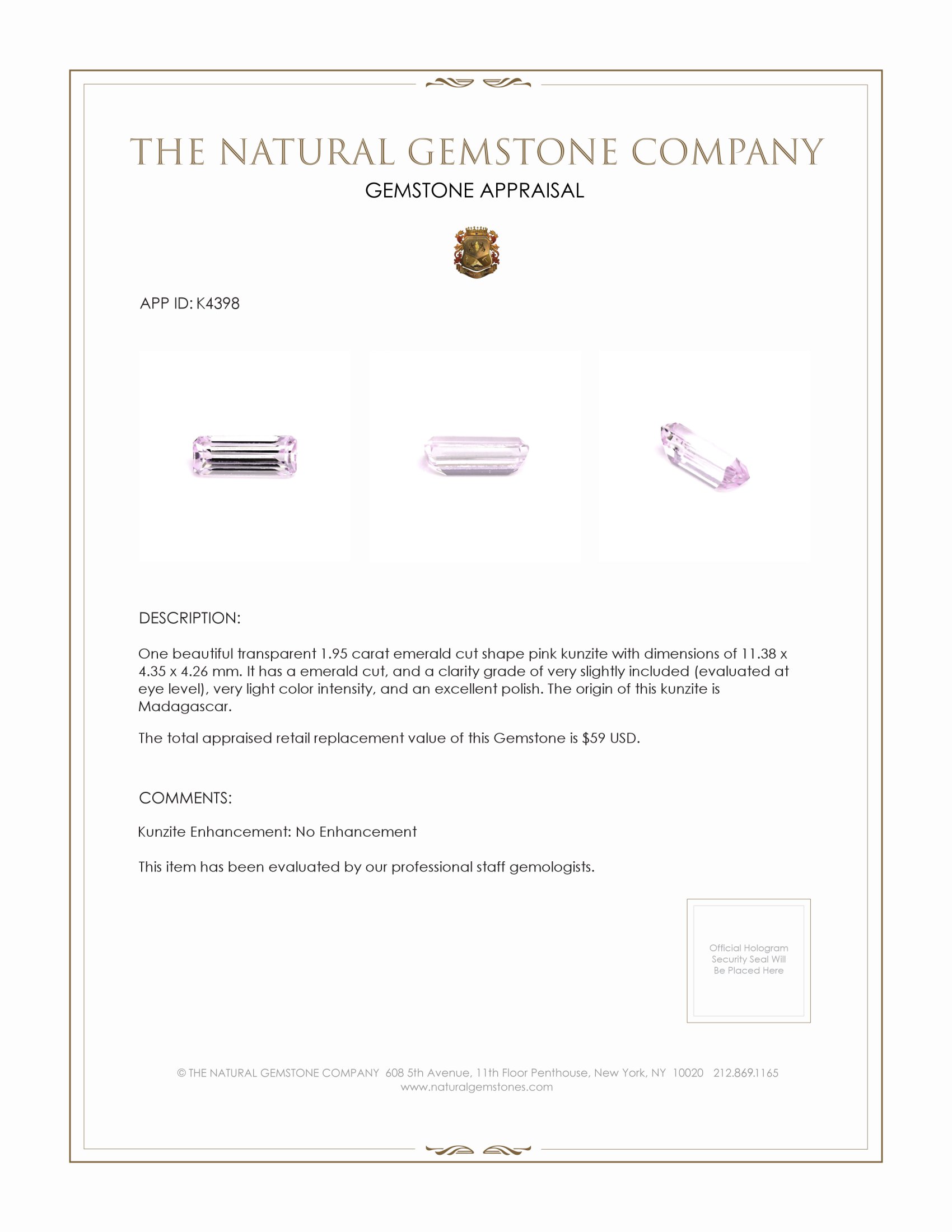 1.95 Ct. Kunzite from Madagascar