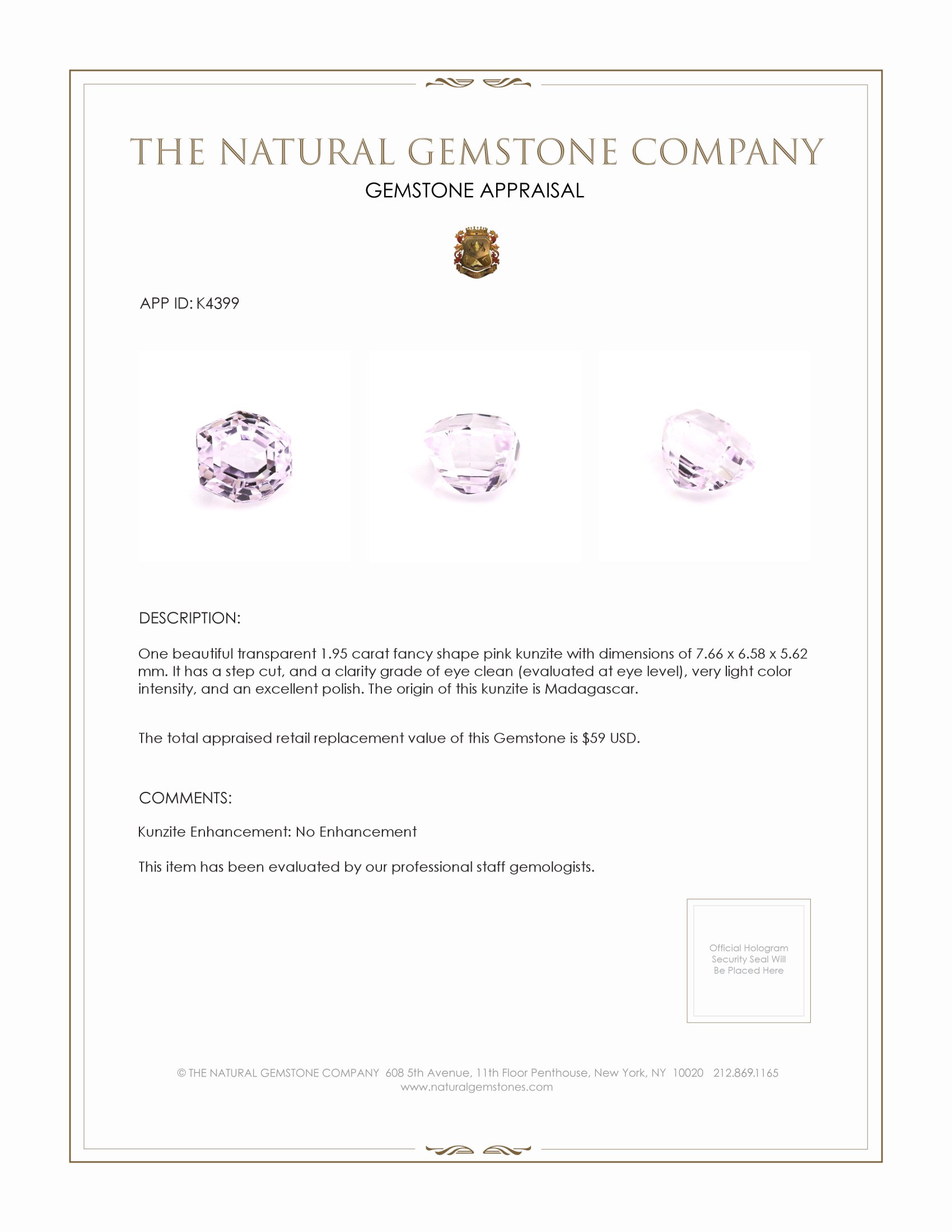 1.95 Ct. Purplish Pink Kunzite from Madagascar