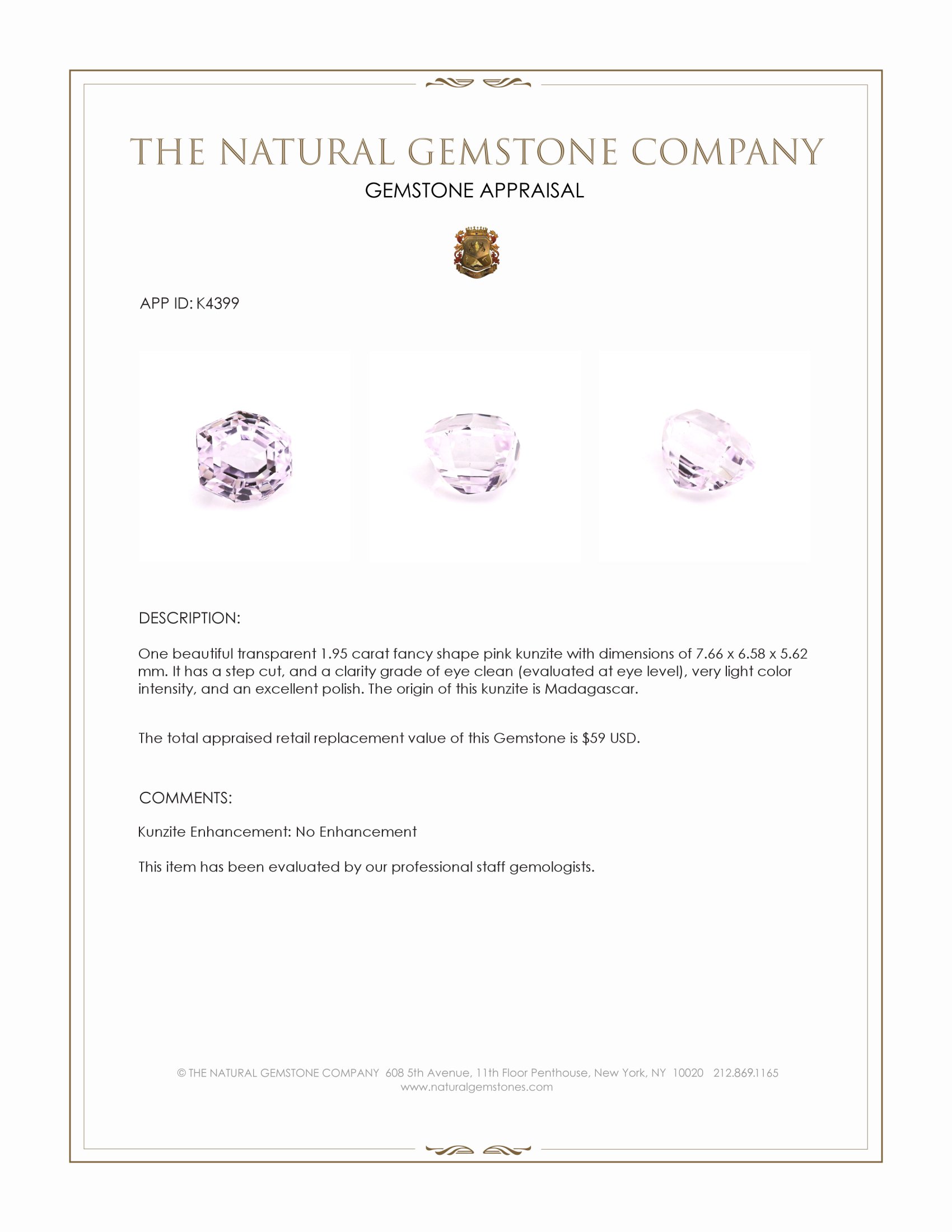 1.95 Ct. Kunzite from Madagascar