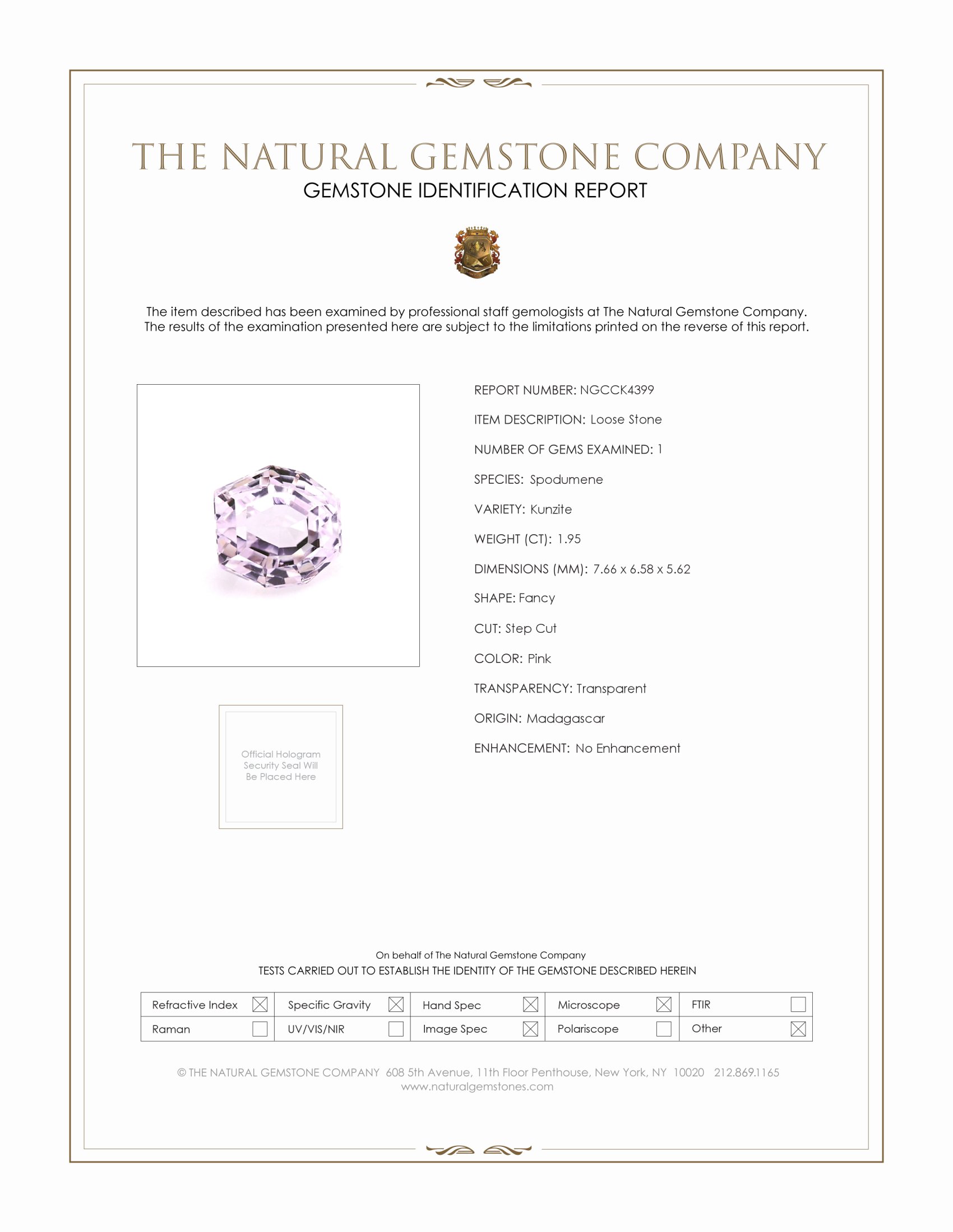 1.95 Ct. Purplish Pink Kunzite from Madagascar