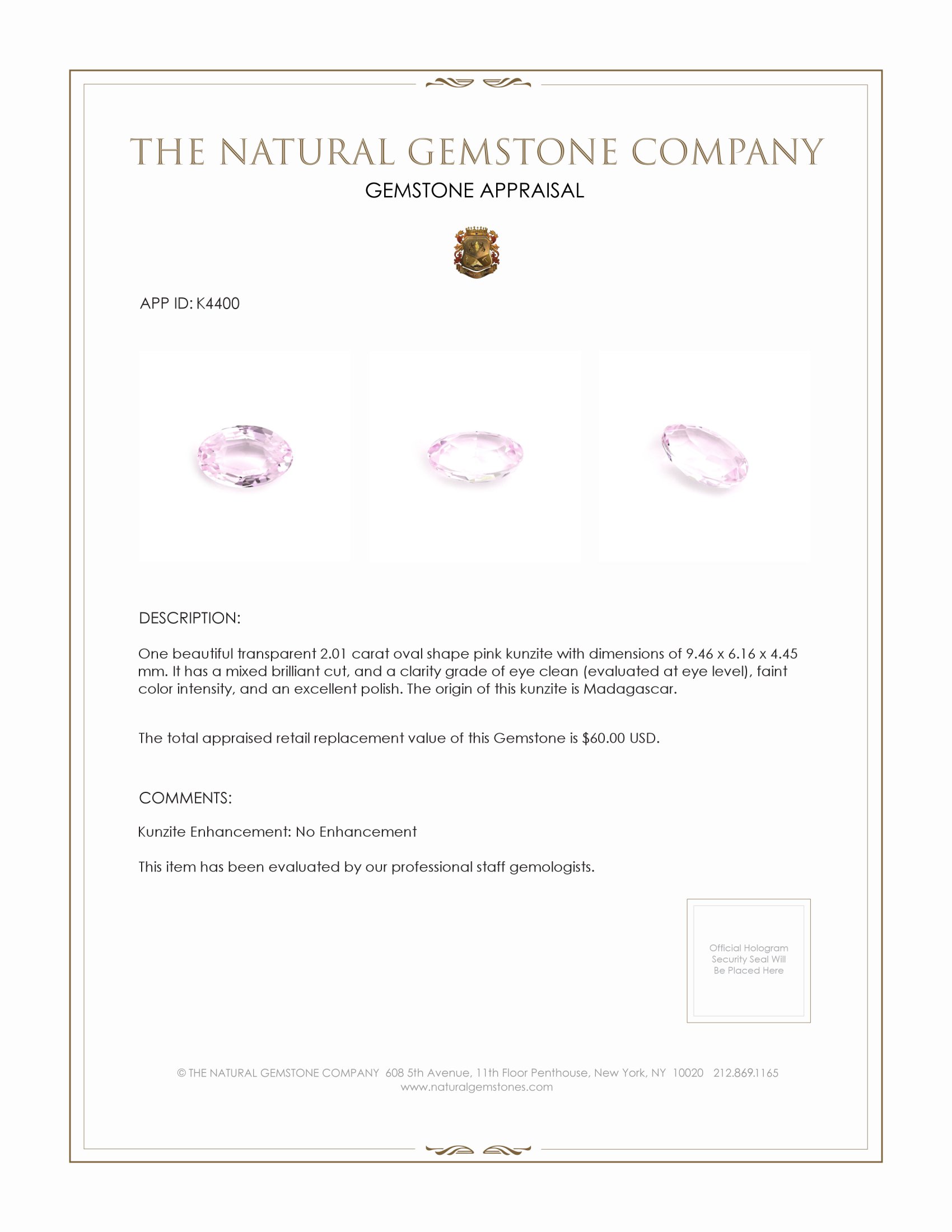 2.01 Ct. Kunzite from Madagascar