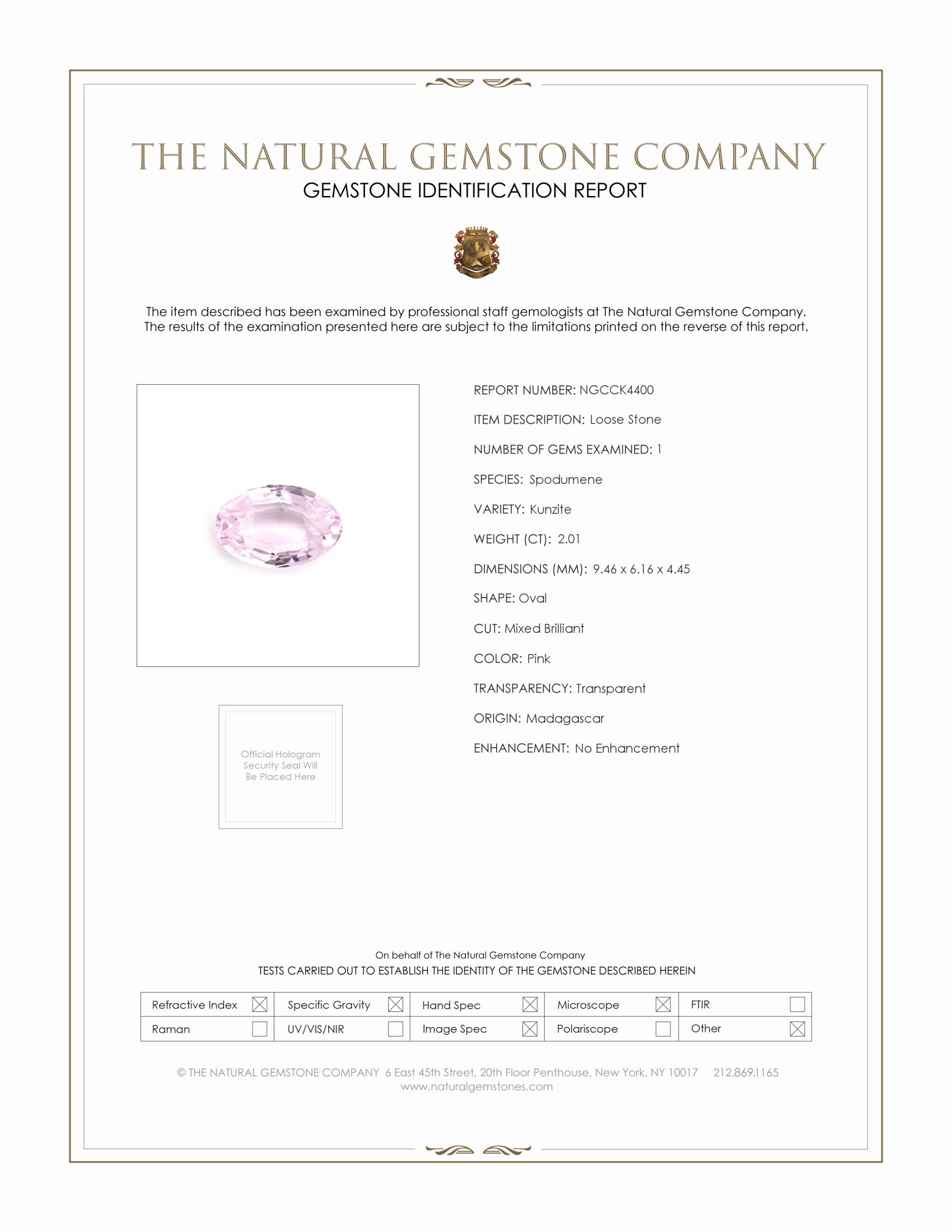 2.01 Ct. Kunzite from Madagascar