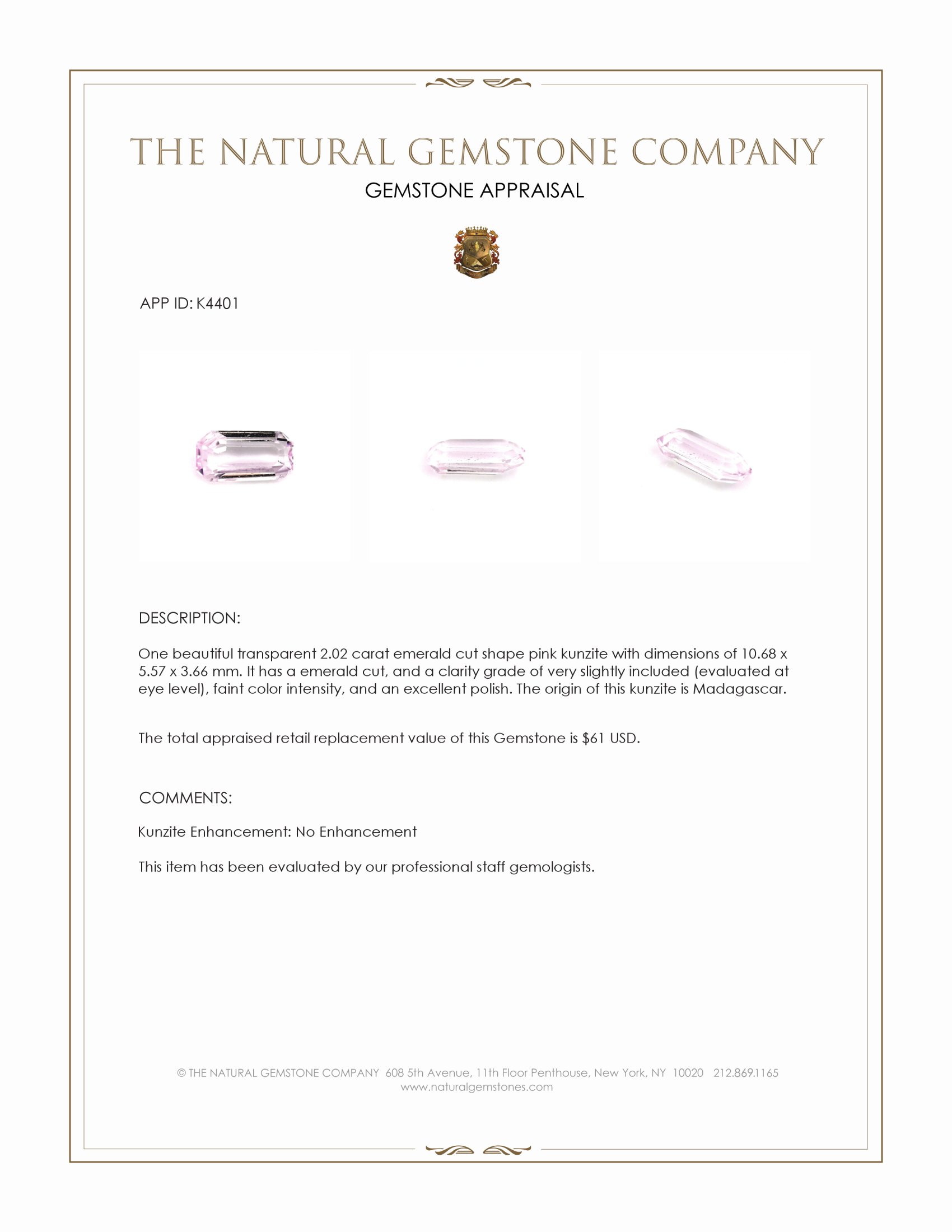 2.02 Ct. Kunzite from Madagascar