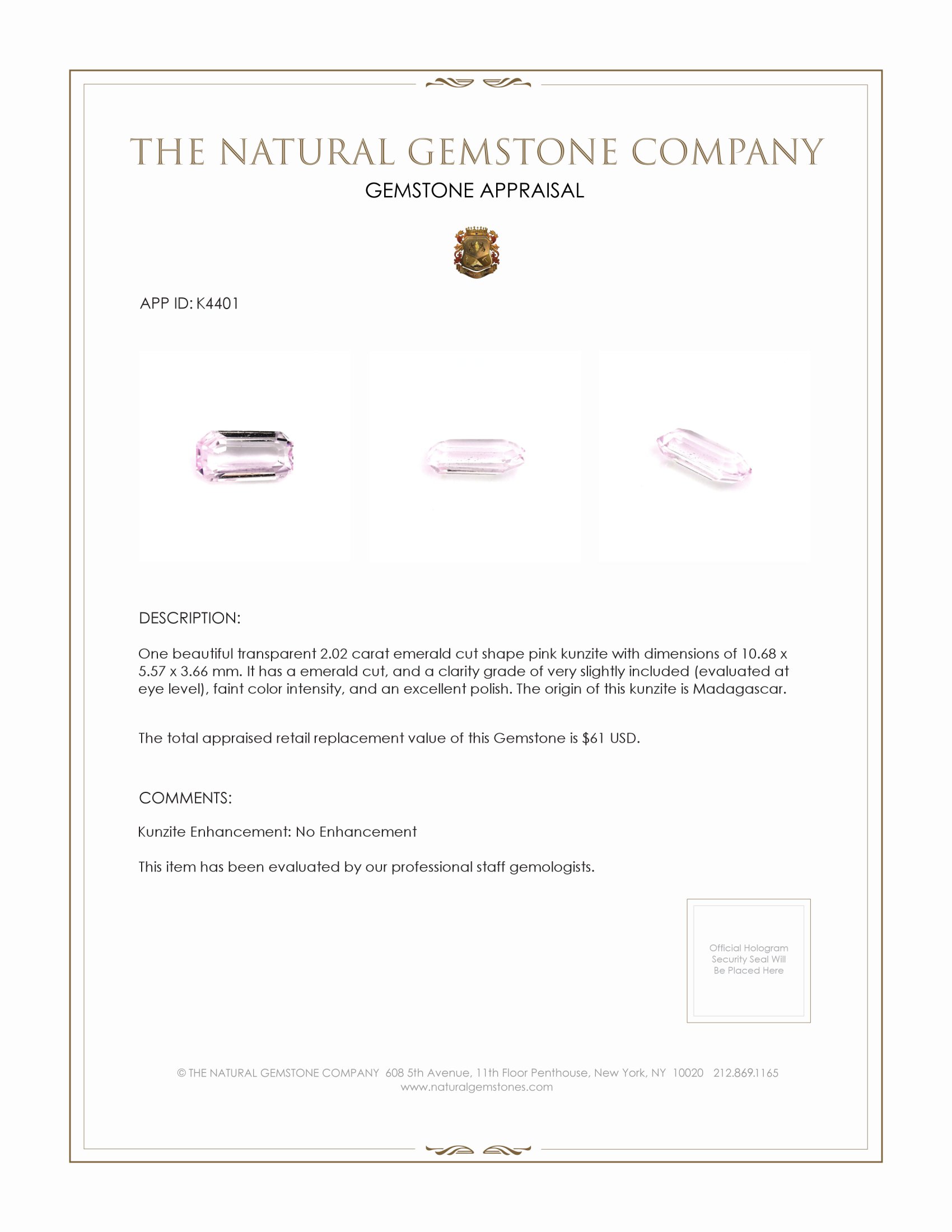 2.02 Ct. Kunzite from Madagascar