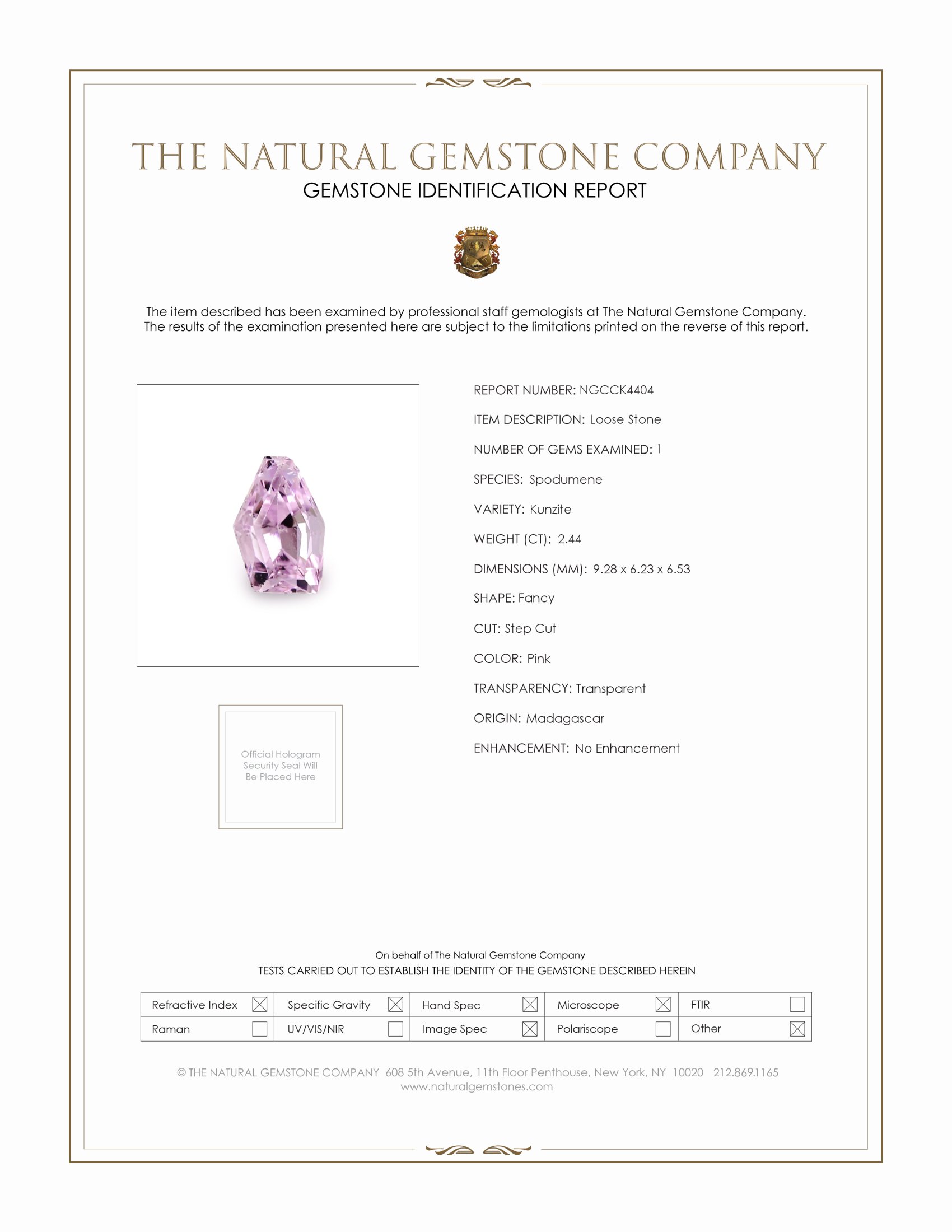 2.44 Ct. Pink Kunzite from Madagascar