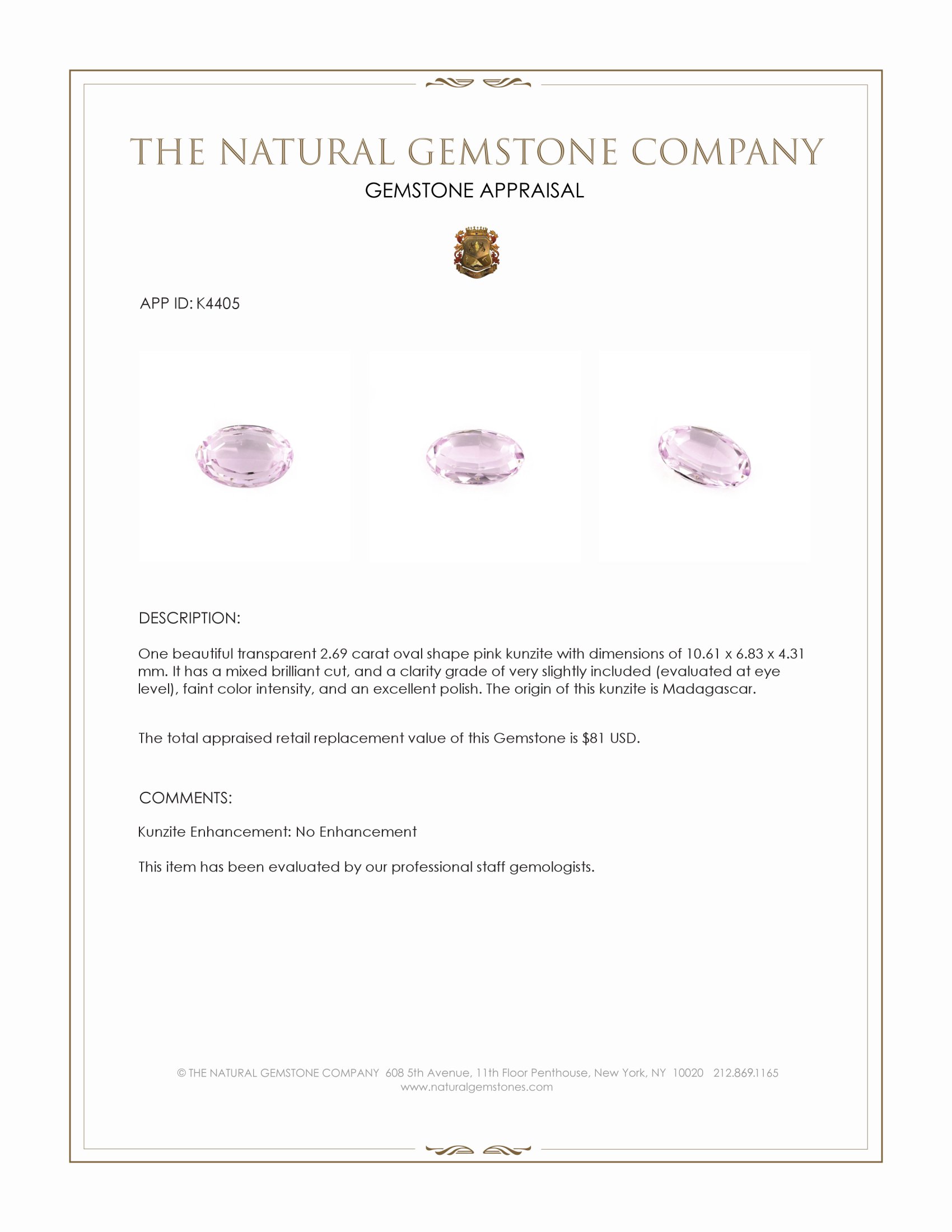 2.69 Ct. Pink Kunzite from Madagascar