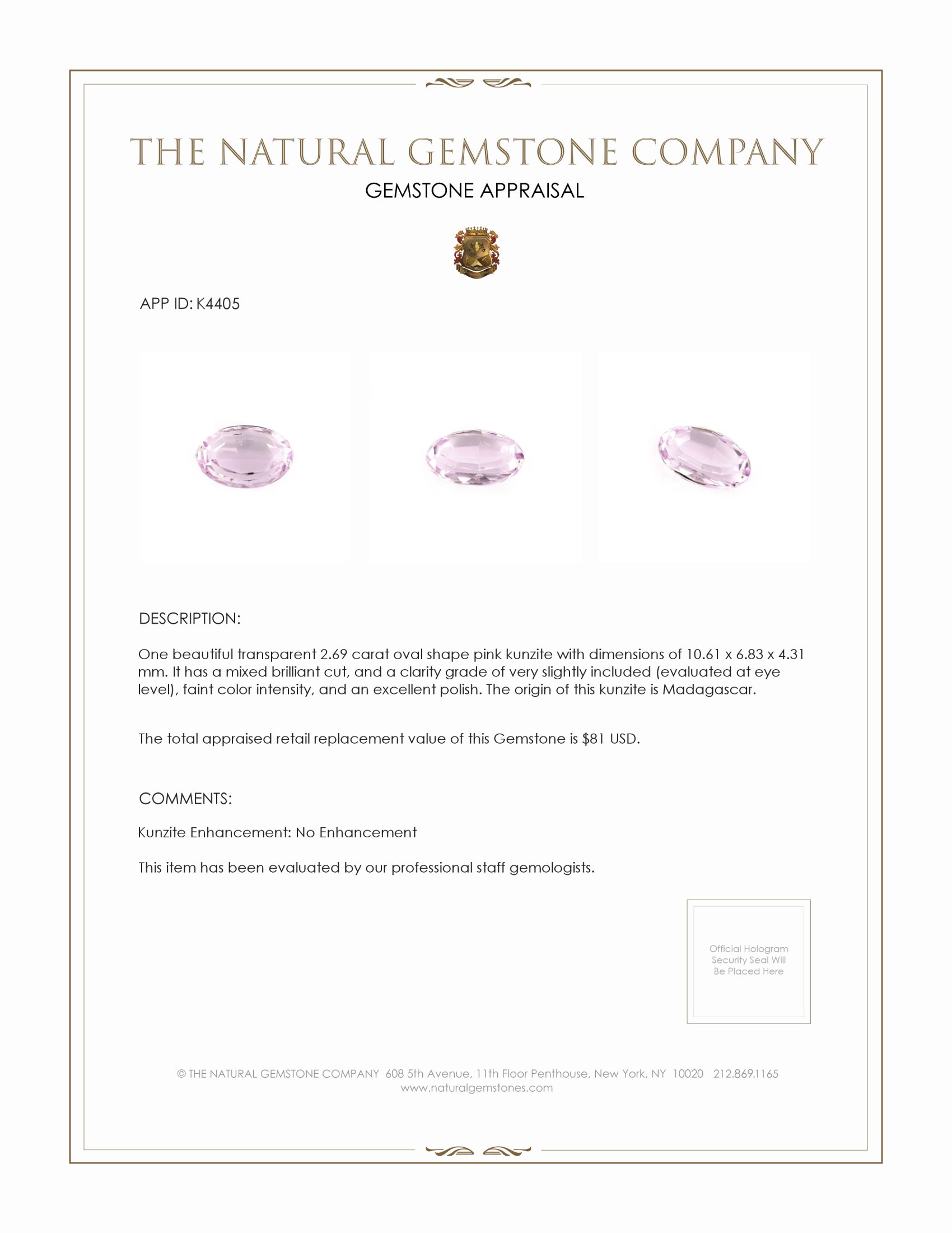 2.69 Ct. Kunzite from Madagascar